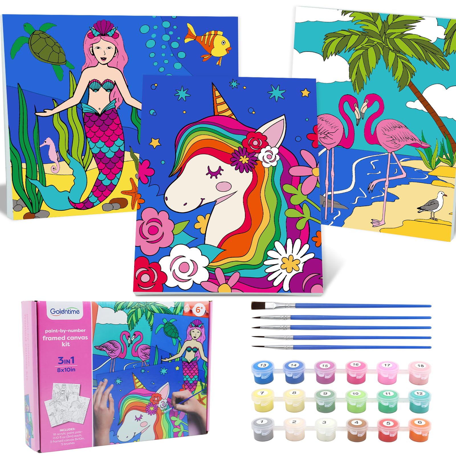 Paquete de 3 pinturas por números para niños, pintura en lienzo predibujada, incluye lienzo enmarcado de 8 x 10 pulgadas con 18 pinturas acrílicas, 5 pinceles, regalos creativos perfectos y artes y