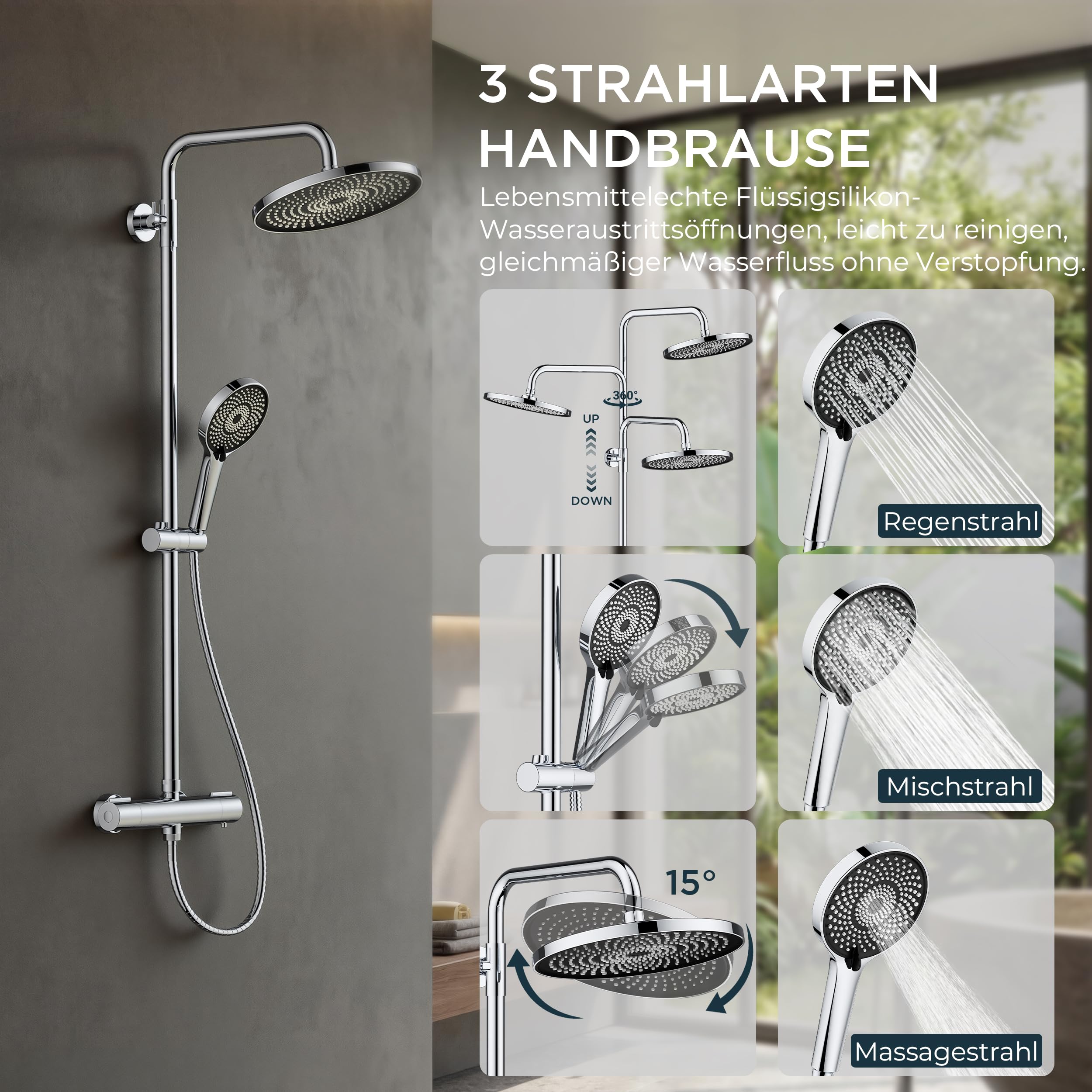 FORIOUS Duschsystem mit Thermostat – 3-in-1 Duscharmatur Komplettset mit Verbessertem Thermostatventil, 25 cm Runde Regendusche, 90–125 cm Höhenverstellbare Duschstange & 3-Strahl Handbrause