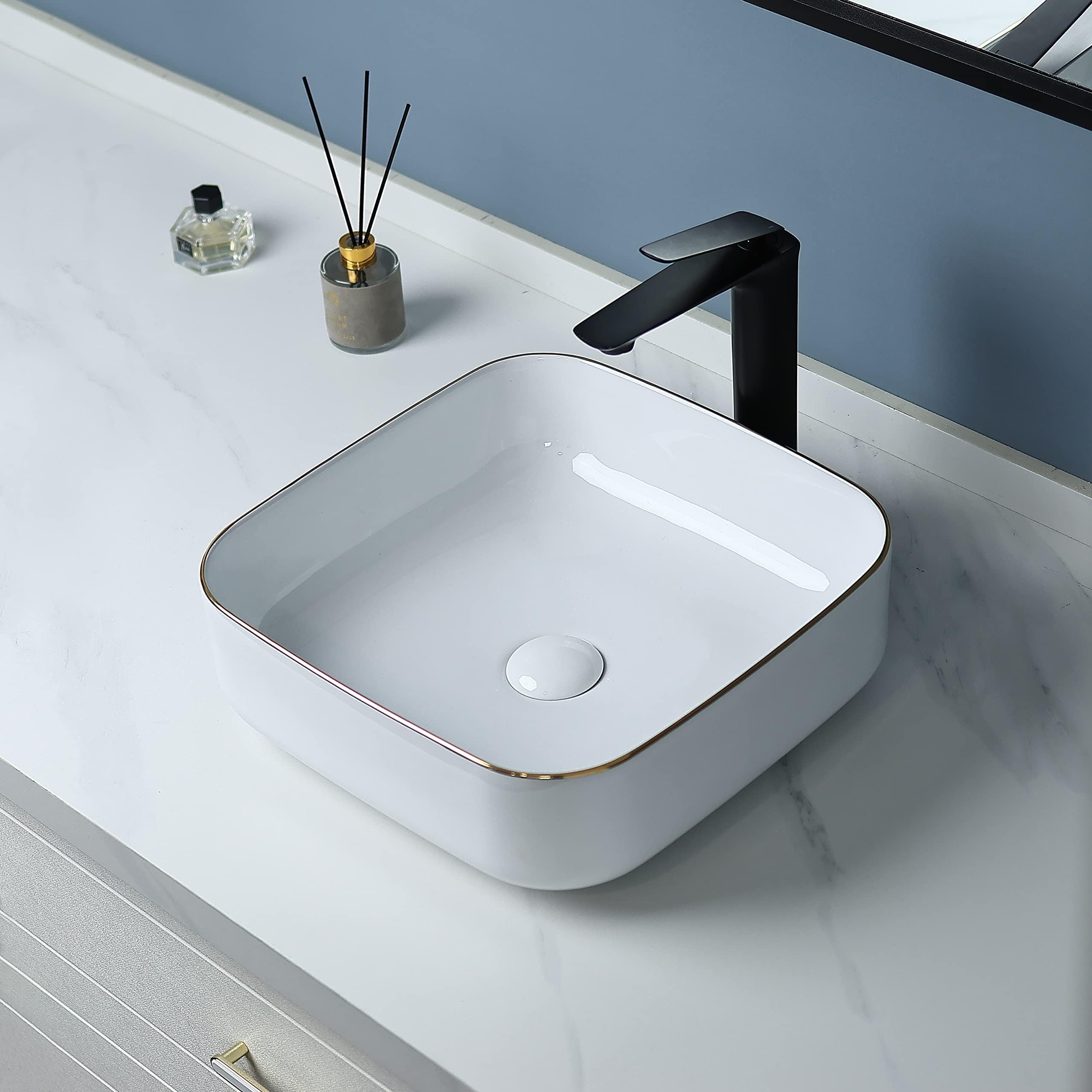 bathivy Vessel Sink with Pop up Drain, 15"x15" Rectangle Above Counter Vessel Vanity Sink Modern Art Basin, White Porcelain Ceramic Rectangular Bathroom Sink with Gold Rim Wash Basin Lavatory Bowl