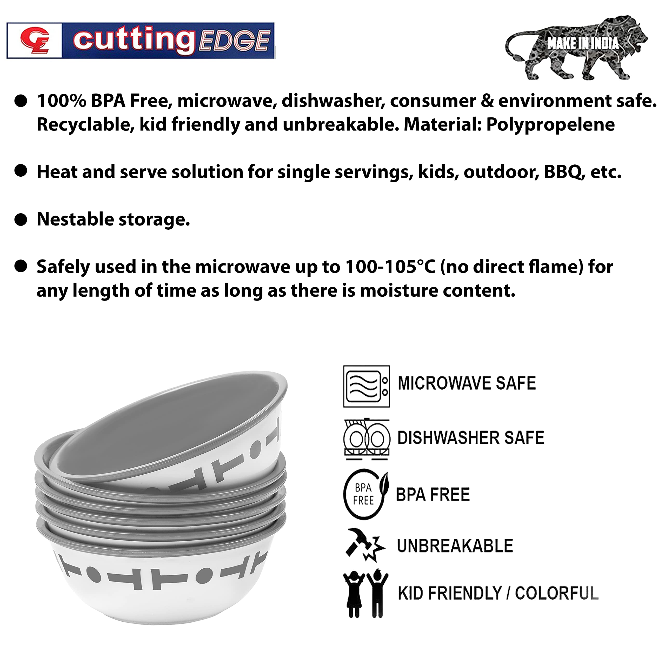 Cutting EDGE Double Color Big Bowl for Mixing, Snacks, Kitchen, Serving Food, Microwave Safe Plastic Bowl 300ml Capacity Pack of 6 Grey 4