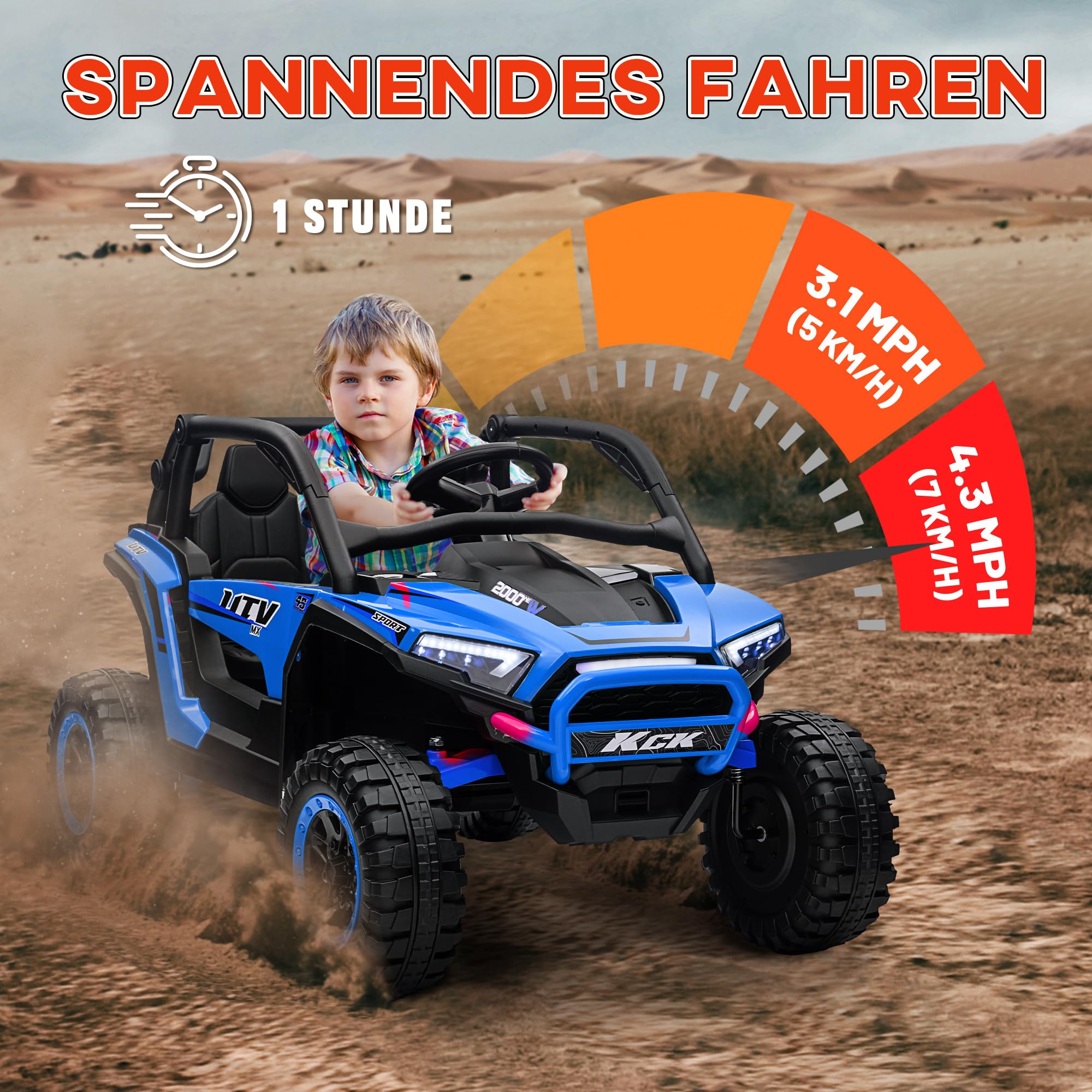 AIYAPLAY Kinder Elektroauto 24V mit 2,4 GHz Fernbedienung 3-8 Jahre Blau | Kinderauto UTV, 4 Motor, Kinderfahrzeug mit Hupe, Musik, Scheinwerfer, Elektrofahrzeug