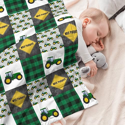 Miniatura 2 de Mantas de bebé personalizadas de tractores agrícolas Minky con nombre, mantas de diseño de retazos verdes personalizadas para niños y niños, regalo