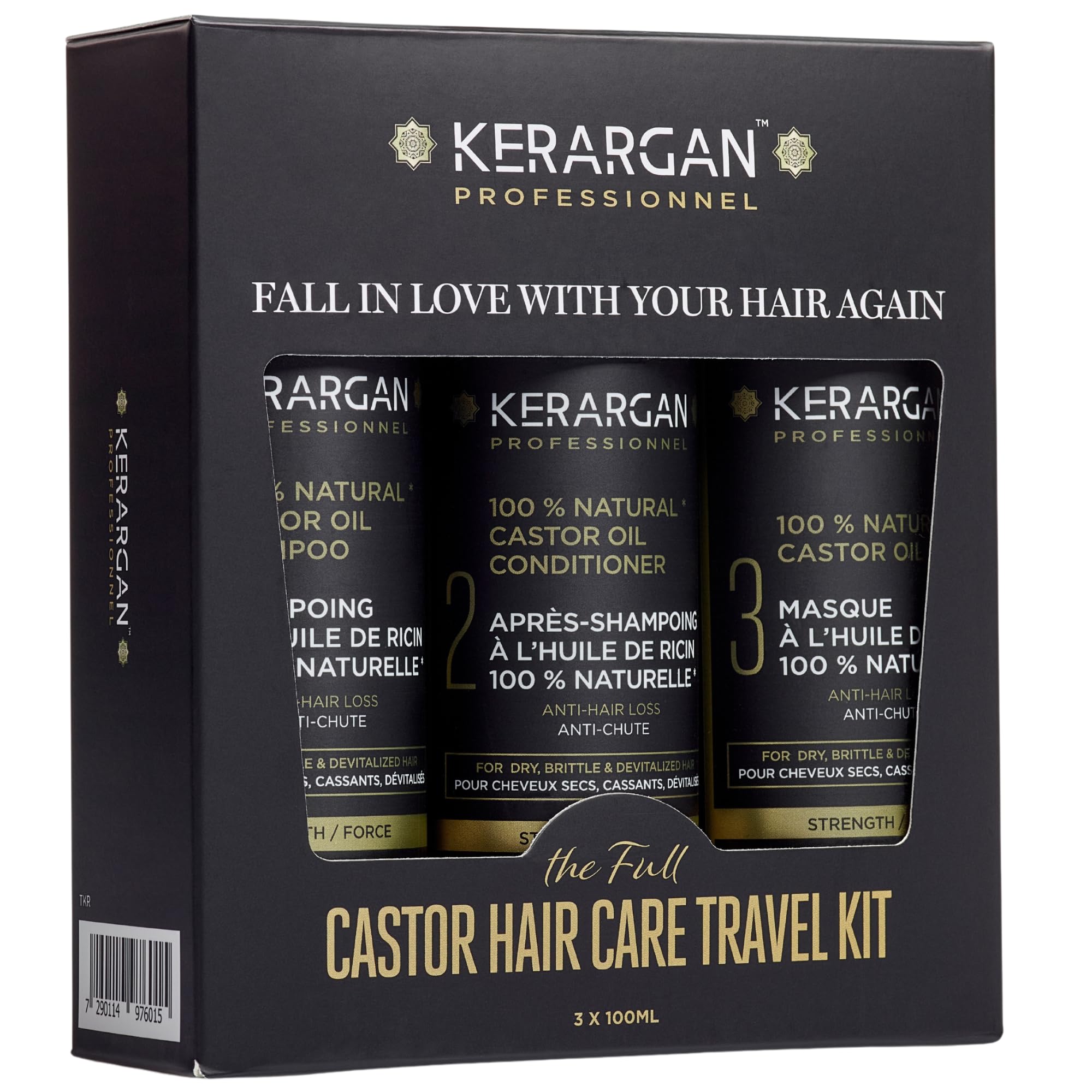Kerargan - Kit de Voyage Anti-Chute à l’Huile de Ricin pour Stimuler la Pousse et Réduire les Chutes - Cheveu Sec, Cassant et Dévitalisés - Sans Sulfate, Paraben et Silicone - 3x100ml