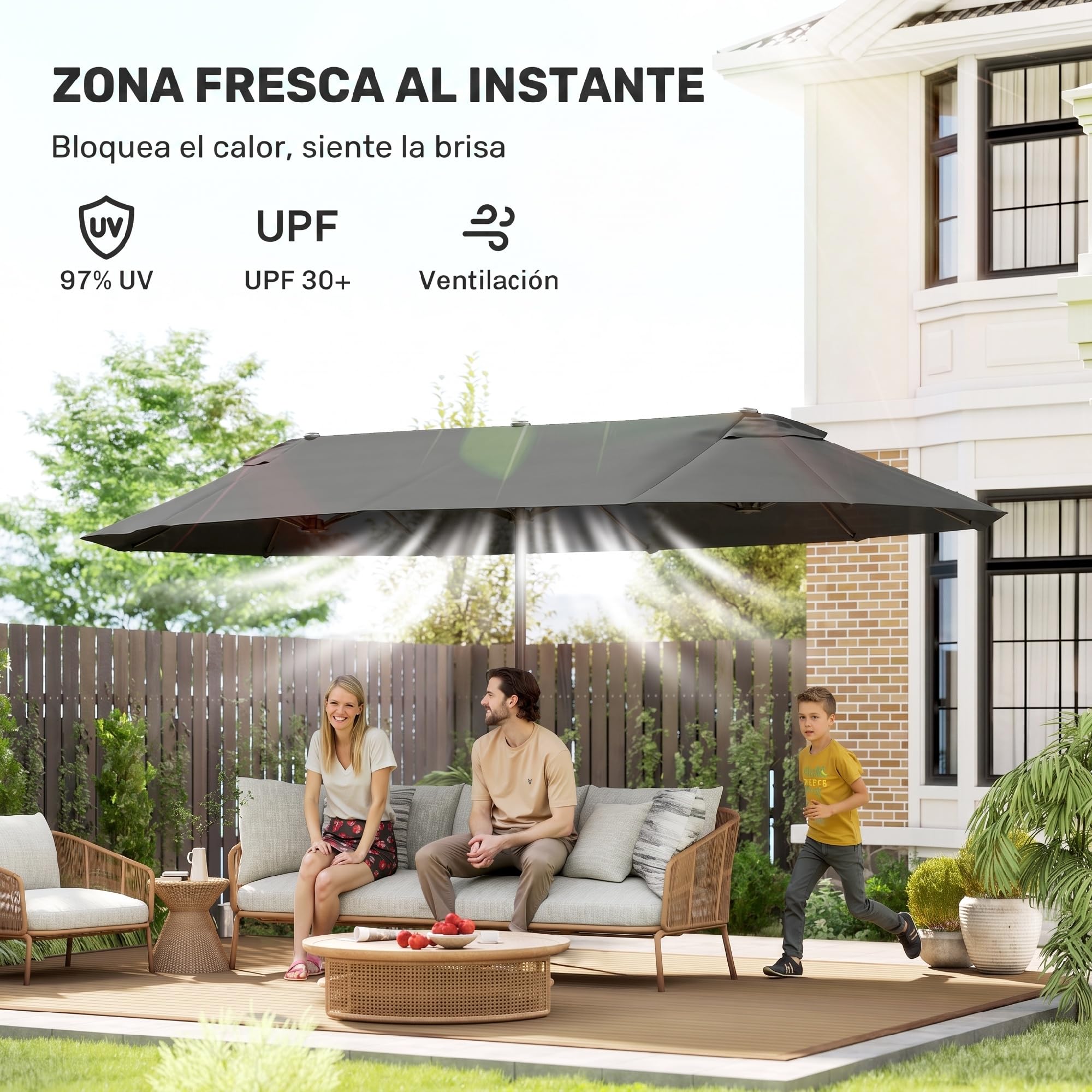 Outsunny Sombrilla Doble Anti UV para Jardín 4,55x2,65x2,38m Gris | Sombrilla Gigante, Con Manivela, para Terraza Exterior Patio Piscina