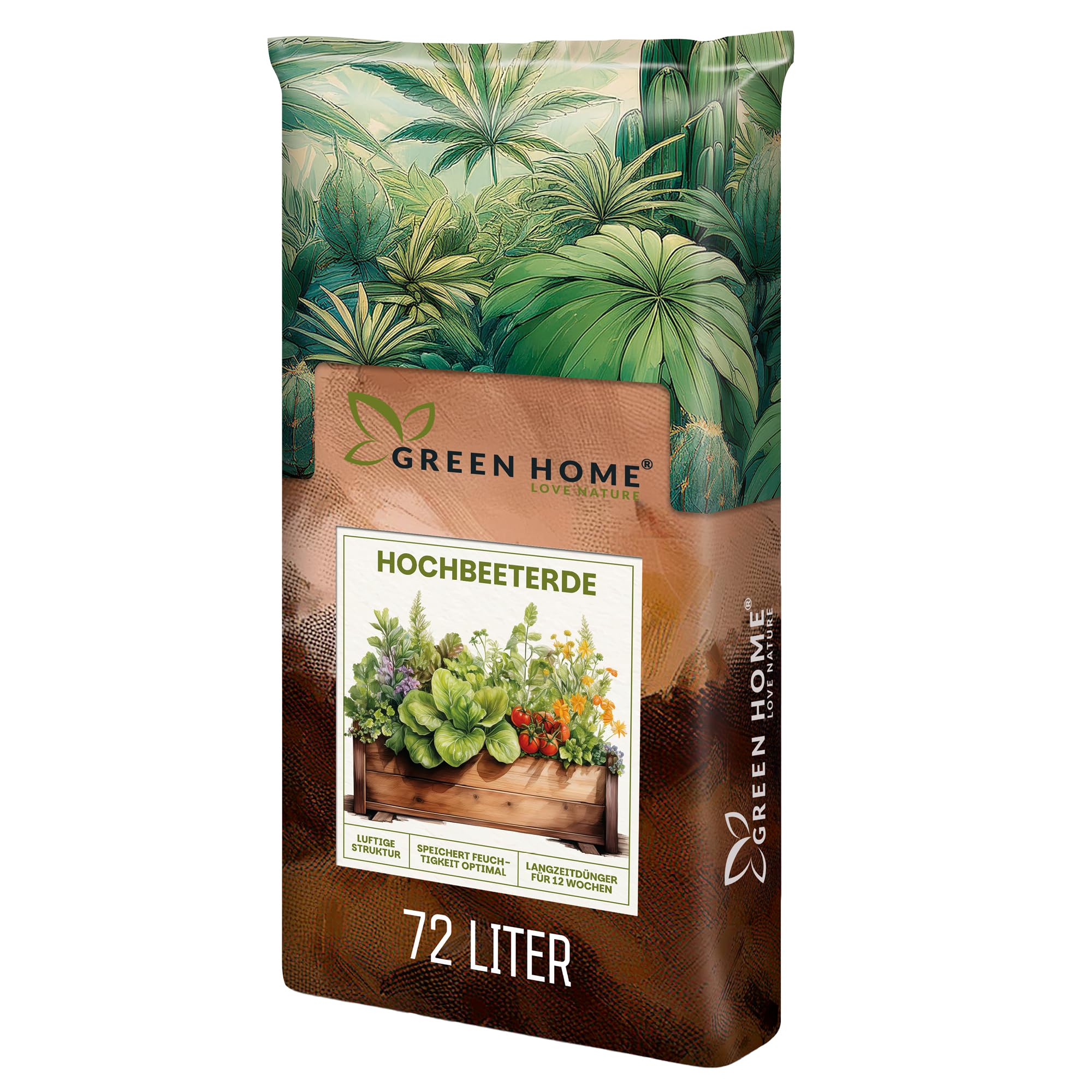 Green Home Hochbeeterde 72L - Hochbeet Erde mit Perliten, Kokosfasern, Rindenhumus & Weißtorf - gebrauchsfertige Erde für Gemüse, Kräuter und Hochbeet Grundfüllung - strukturstabile Gemüseerde