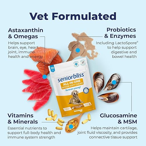 Miniatura 4 de Vetnique Seniorbliss - Multivitamínico para perros mayores con glucosamina, aceite de pescado Omega 3 y probióticos, para articulaciones de perros,