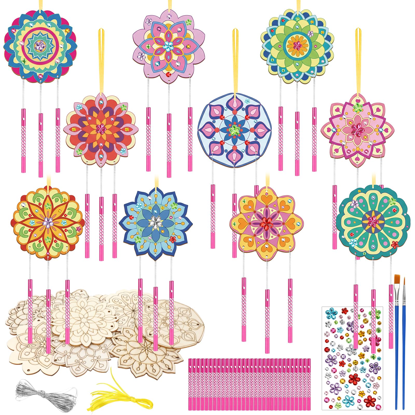 SRIZIAN 10 Stück Windspiel Bastelset Kinder, Holz Basteln Windspiele für Kinder Mädchen Junge Geburtstagsfeier Dekoration DIY Kinderspielzeug- Mandala