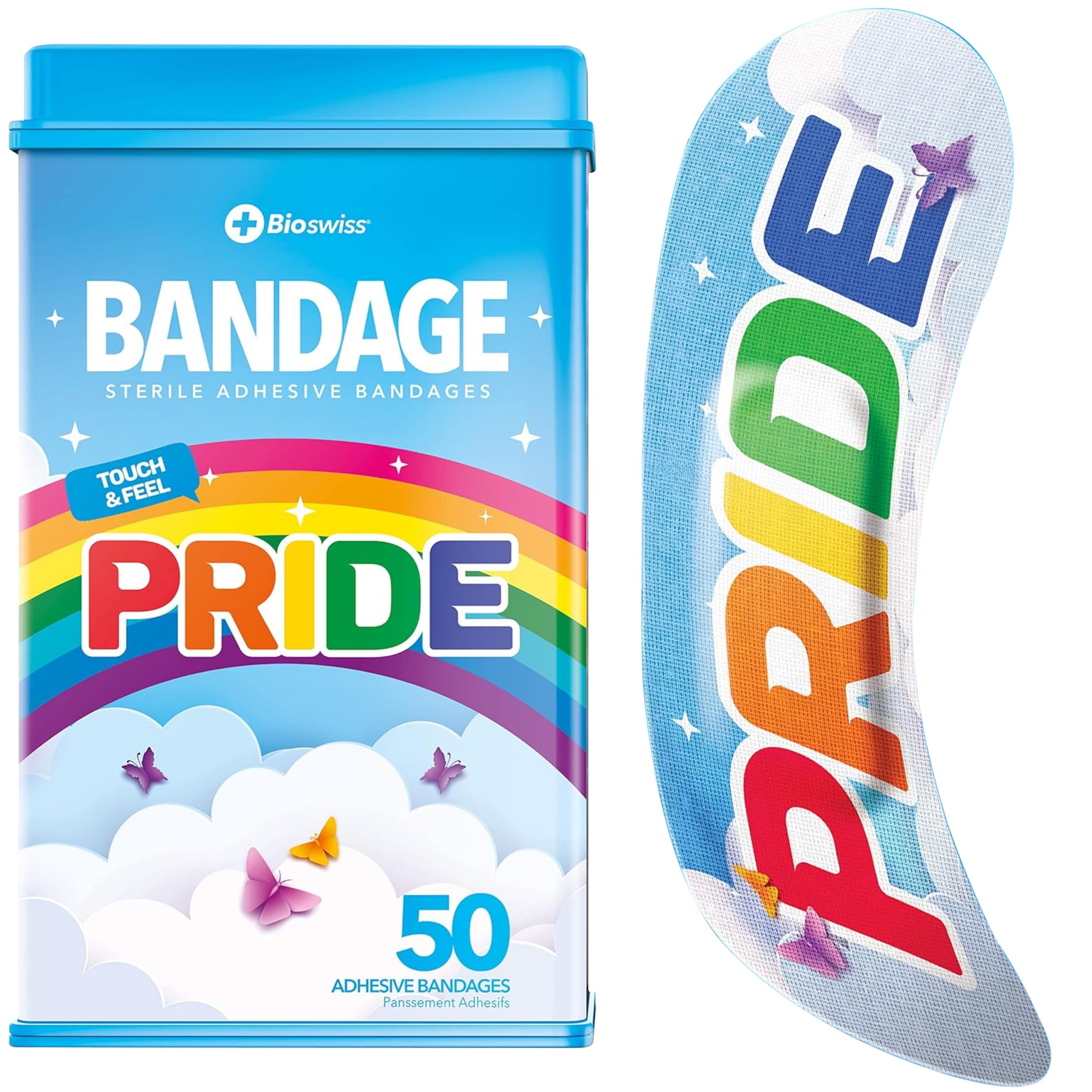 bioswiss bandages, rainbow pride shaped self adhesive bandage, latex free sterile wound care, fun first aid kit supplies, 50 count