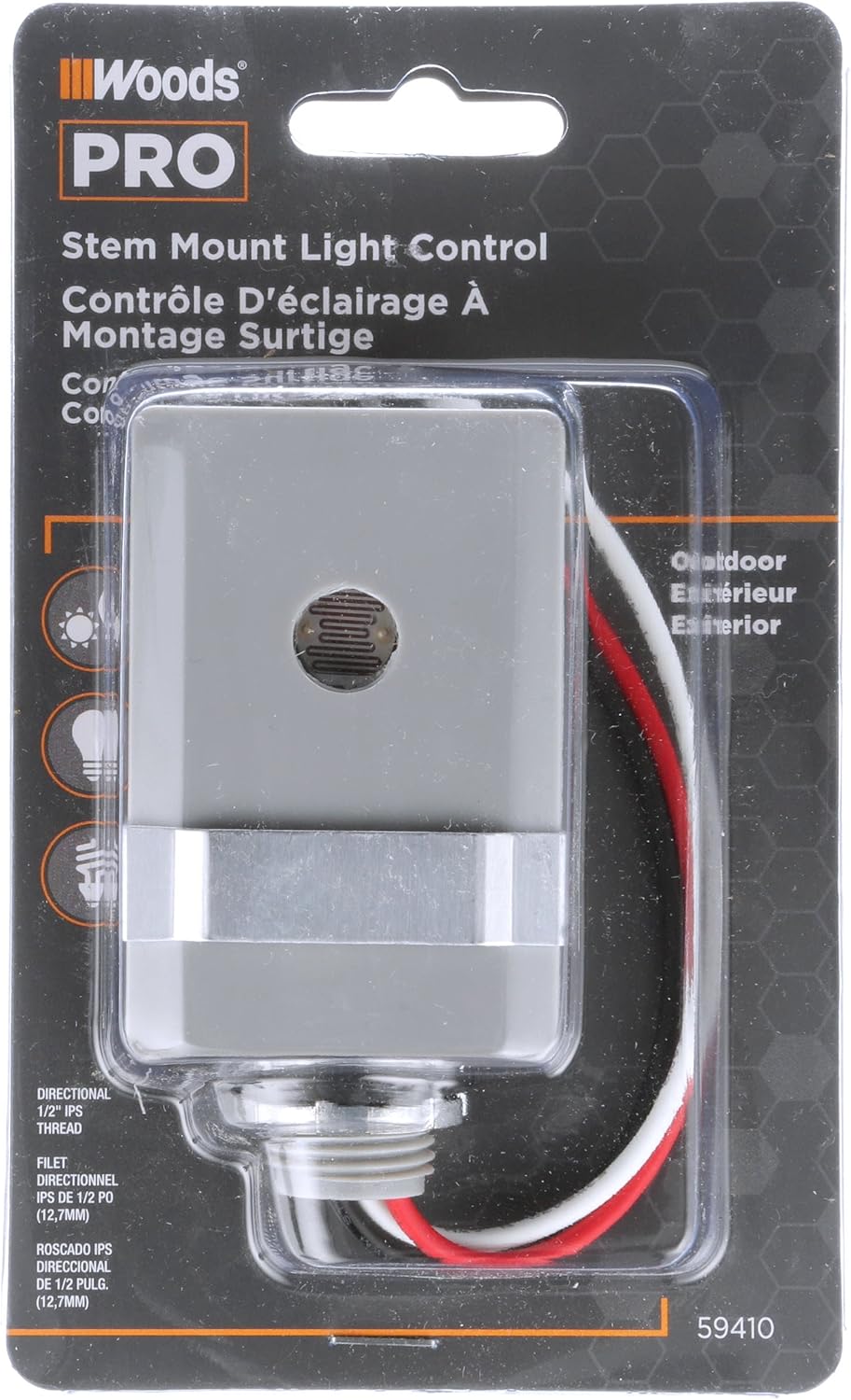 Woods 59410WD Outdoor Hardwired Stem Mount Light Control Sensor with Photocell Gray (Pack of 6)