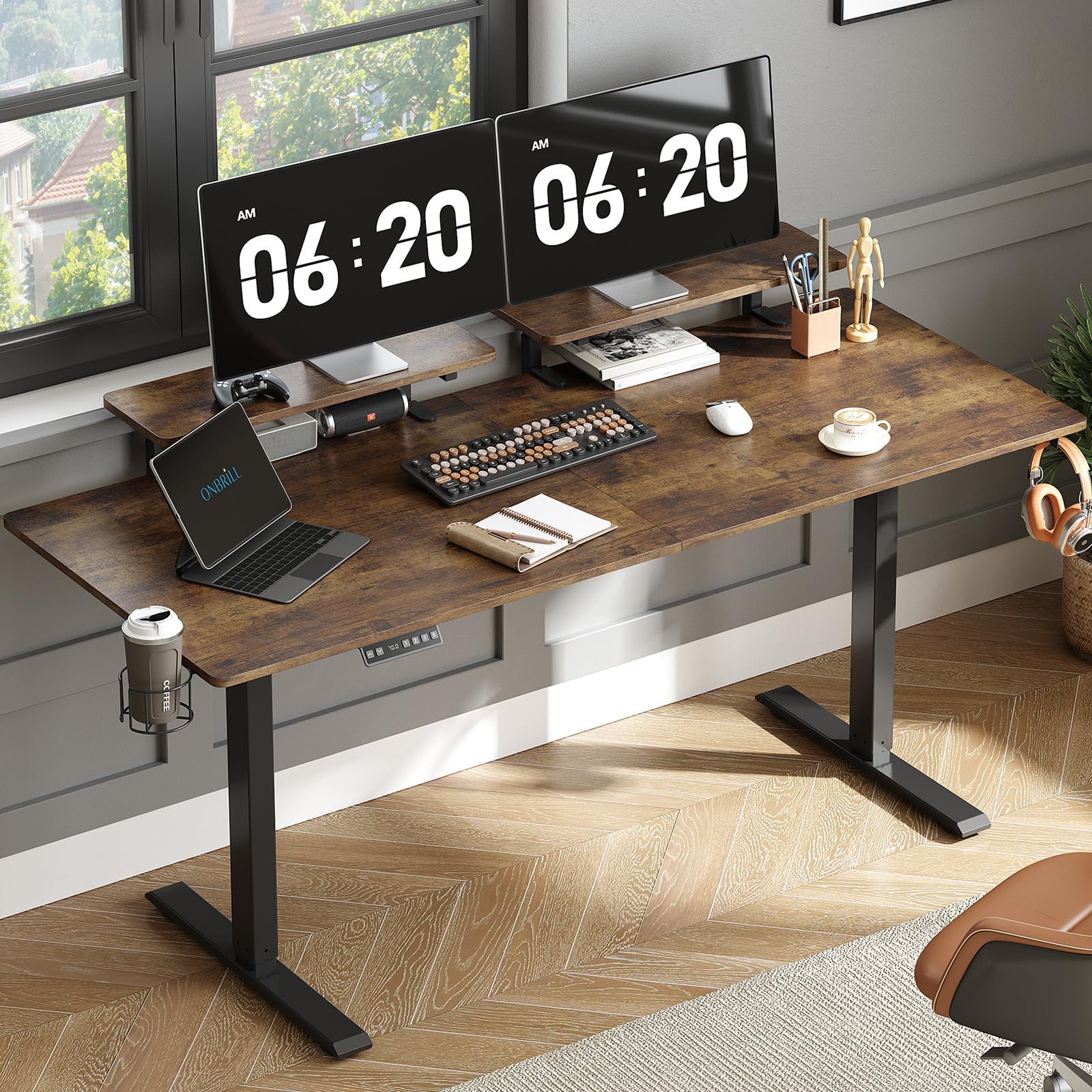 ONBRILL Standing Desk with 2 Adjustable Monitor Shelves, 71 x 24 Inches Electric Stand Up Desk with Memory Controller and Adjustable Height from 28-46