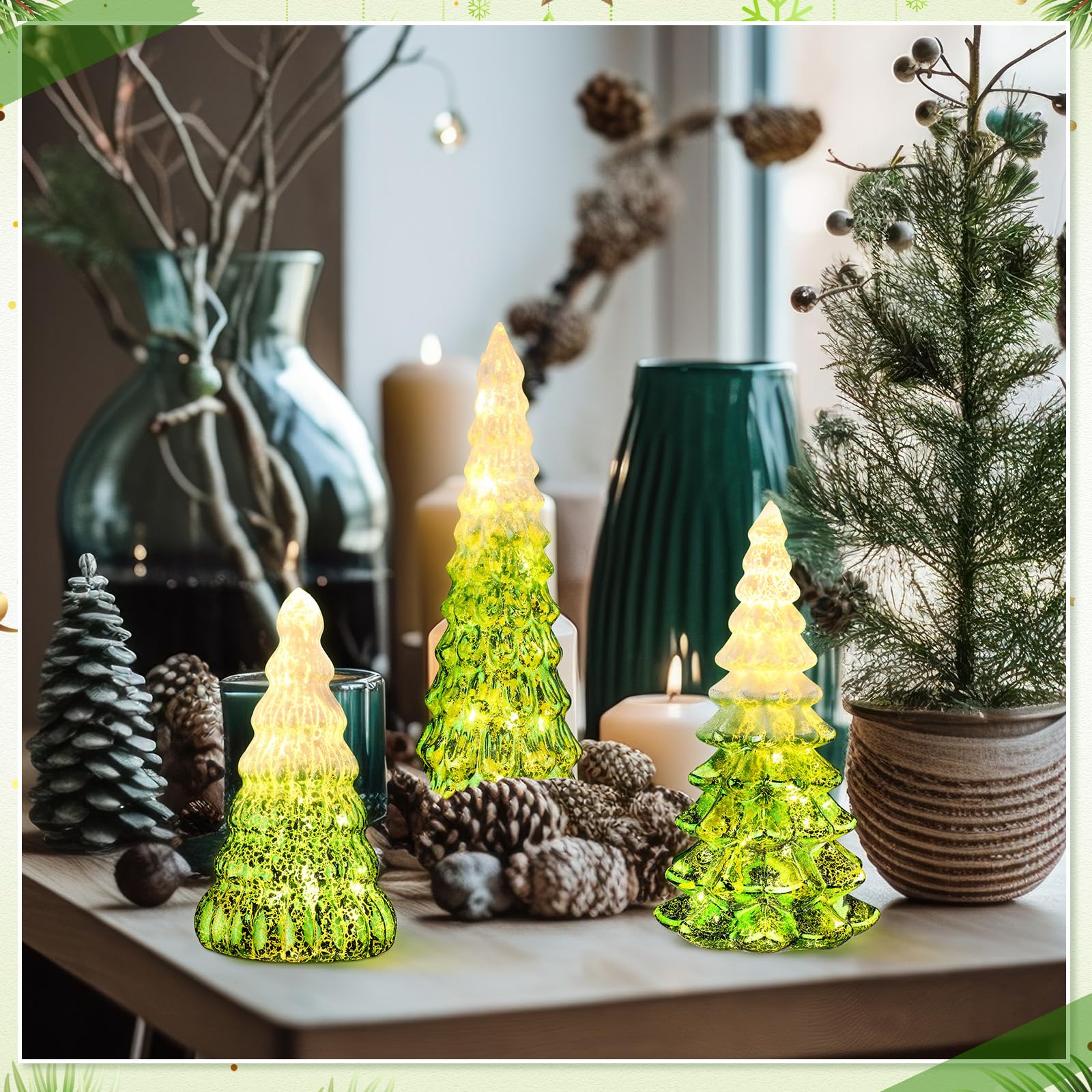 Funnymoom Confezione da 3 decorazioni per alberi di Natale in vetro sfumate illuminate con neve e glitter, regalo per casa, soggiorno, camino, tavolo, mantello, vacanze (verde)