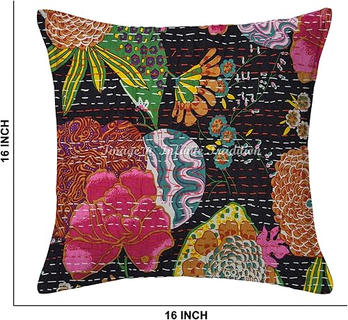 Miniatura 2 de Juego de 2 fundas de almohada de algodón negro de 16 x 16 pulgadas para decoración del hogar Kantha bordada Tropicana - 2 unidades