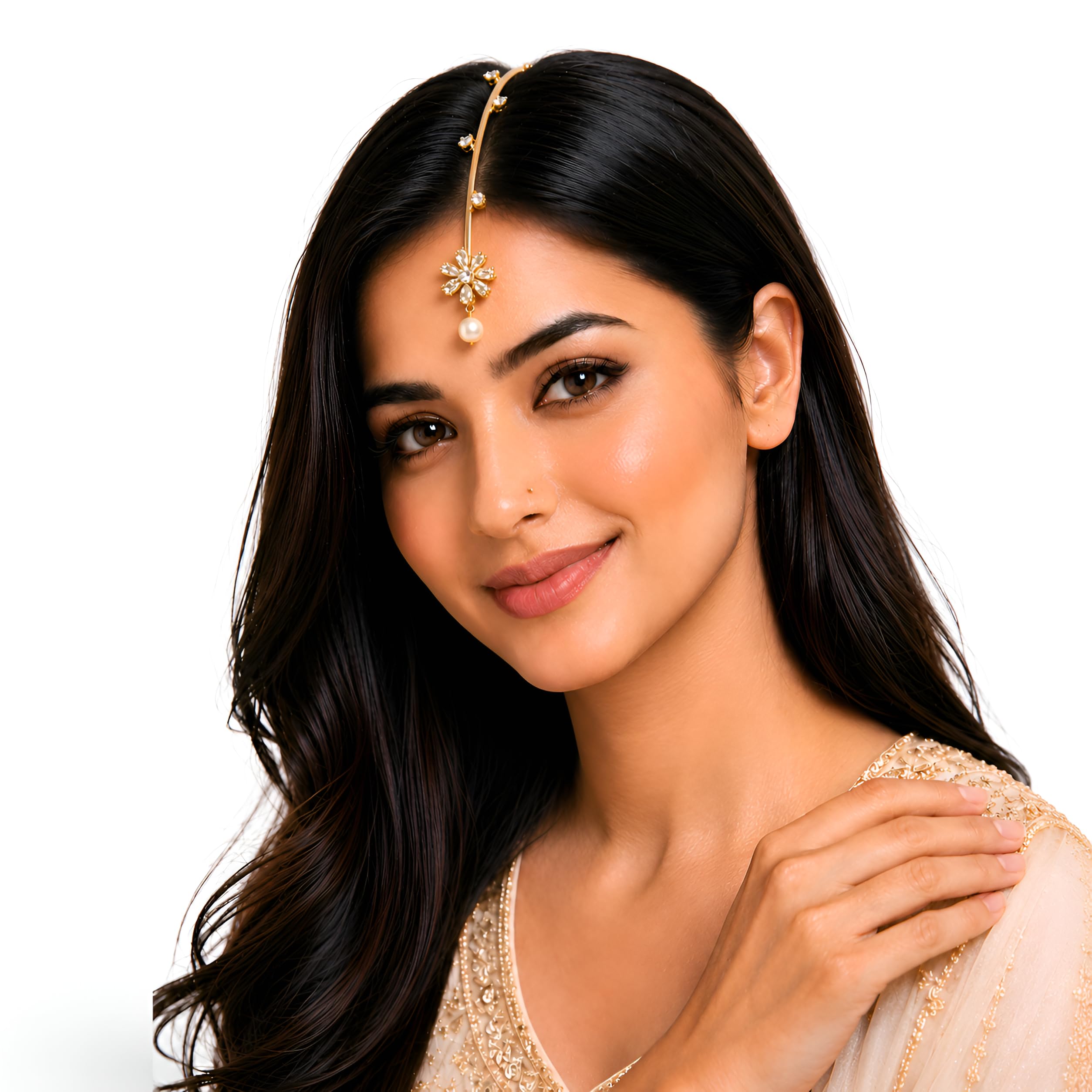 gc premium jewellery Gold Plated Floral Maang Tikka for Women | Teardrop Cubic Zirconia Stone Maang Tikka with Pearl Drop | Elegant Brass Bridal Forehead Jewelry | Stylish Bridal Fashion Jewellery-picture-56