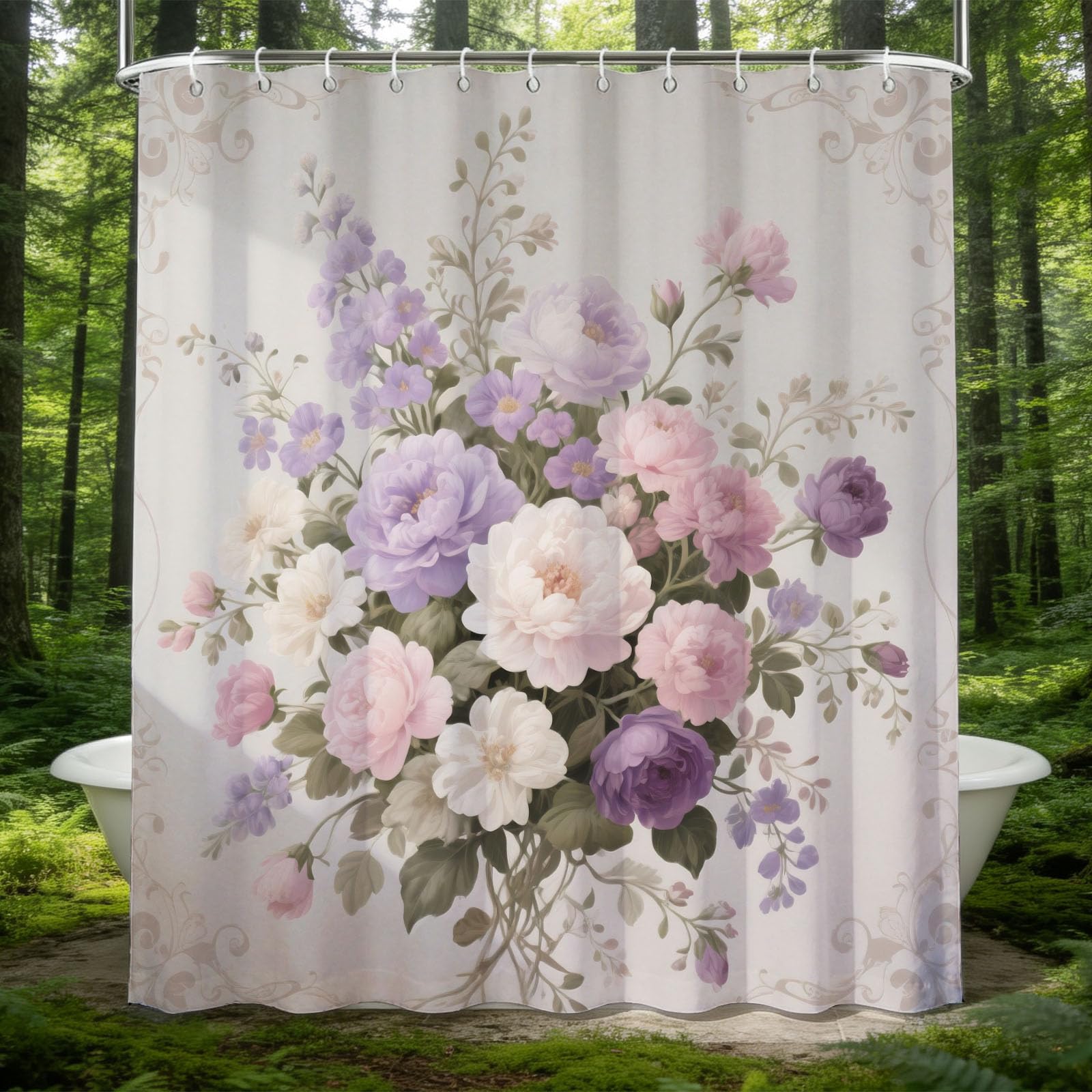 Hongduo 3D Flower Illustration Shower Curtain for Stalls Bathtubs Rose Illustration Bathroom Decor Shower Curtain Set Polyester Fabric Waterproof 200x200cm/79X79 Inch with Hooks