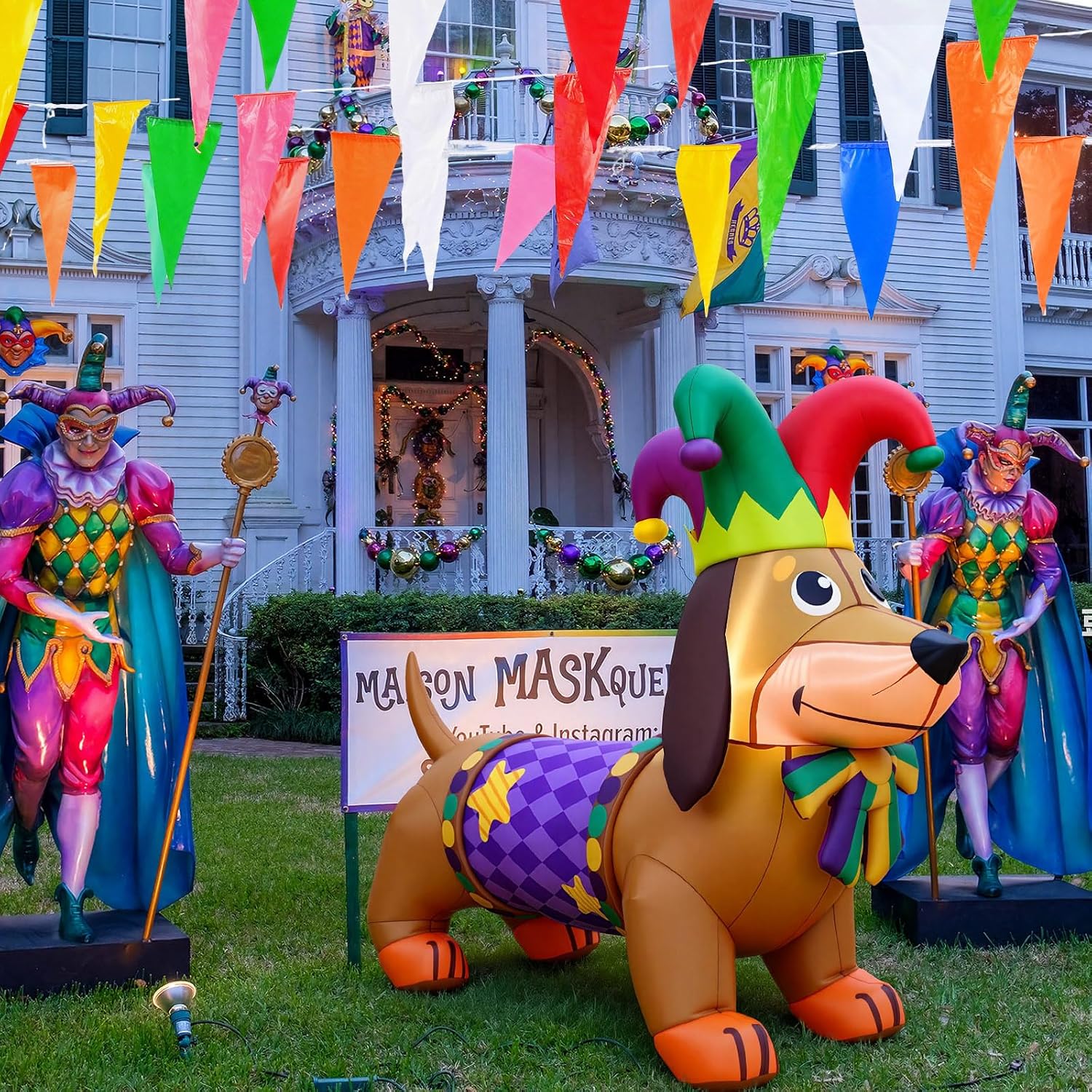 Leyndo 5.3 ft Mardi Gras Inflatable Outdoor Decorations Mardi Gras Dachshund Dog Inflatable Blow up Dachshund Dog with Built-in LED Lights for Holiday Party Indoor Outdoor Garden Lawn Yard Decoration