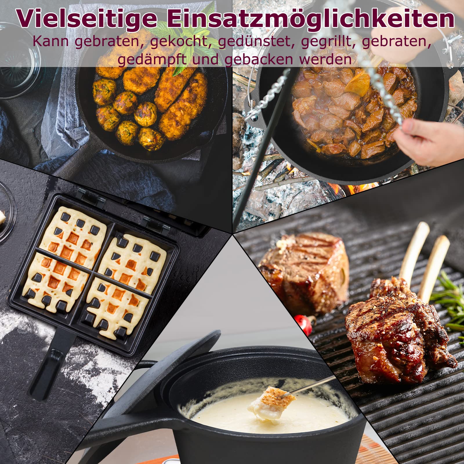 Set Dutch Oven KESSER In Ghisa | 9 Pezzi Con Accessori | Per Barbecue E Cucina | In Scatola Di Legno - Foto 6