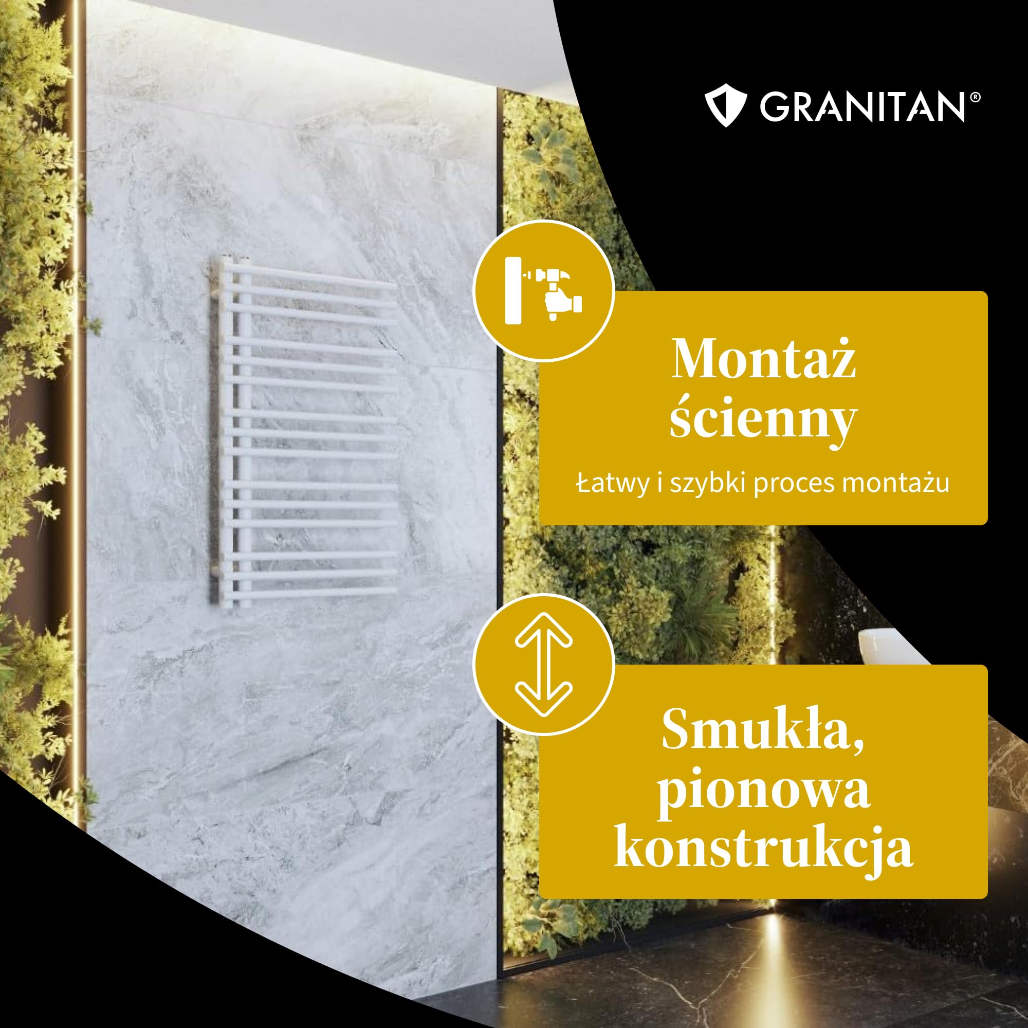 Granitan Grzejnik Łazienkowy MILO 90x50 cm, Biały, 400W | Grzejnik Łazienkowy Wodny, Ścienny grzejnik, drabinka do suszenia ręczników, podłączenie do centralnego ogrzewania