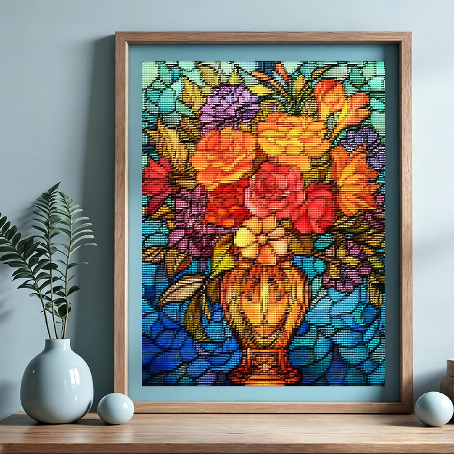 MIJVFNB Stained Glass Flower Vase Counted Cross Stitch Kits for Adults Advanced Stamped Cross Stitch Kits Flowers Cross Stitch Patterns 11CT, 12X16 inch
