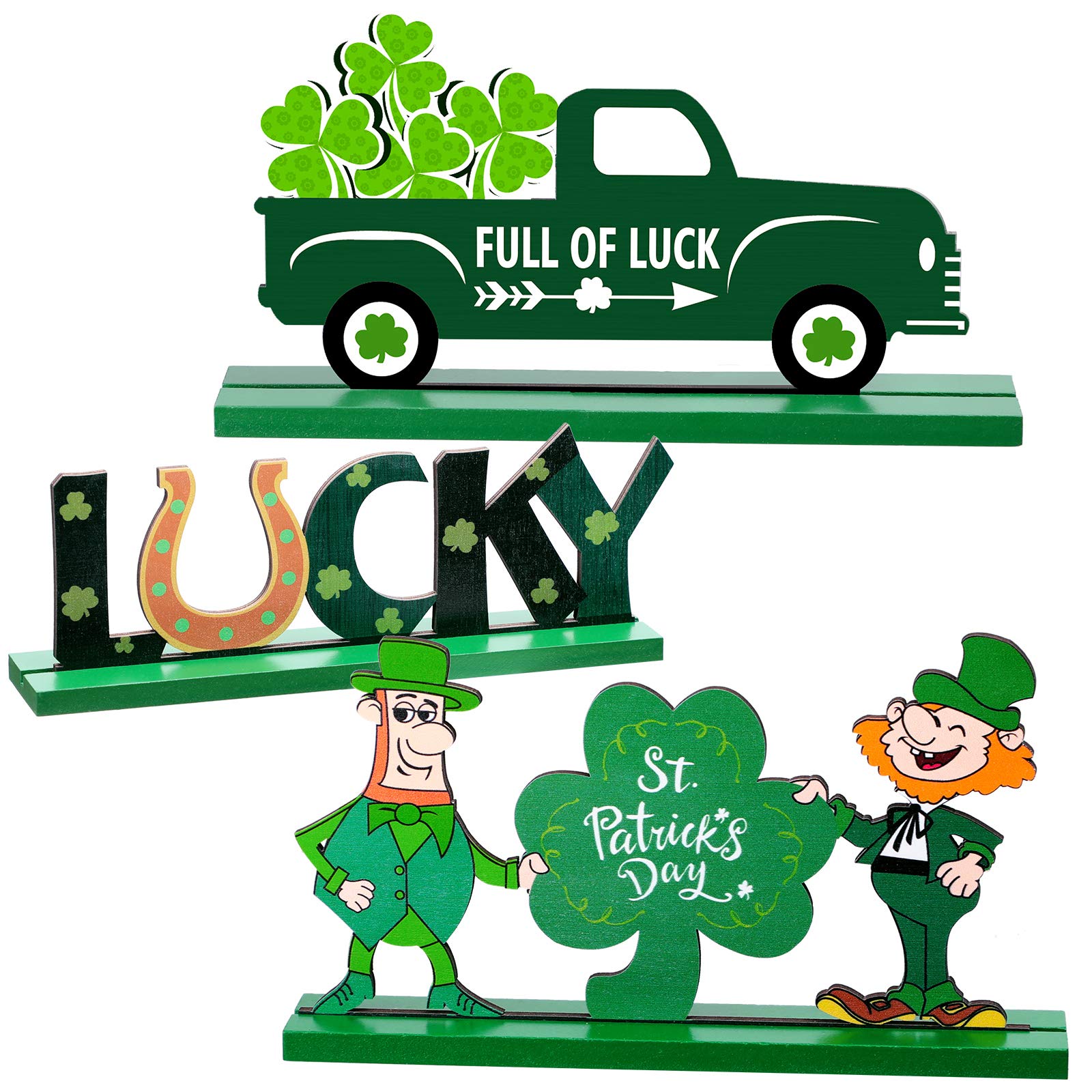 Chuangdi Wooden Decorative Signage - 3 Pieces St. Patrick’s Day Table Decor, Green Truck, Leprechaun, Lucky Sign, Wood, 3.8 x 7.1 inches, 4.1 x 7.5 inches, 2.7 x 7.8 inches