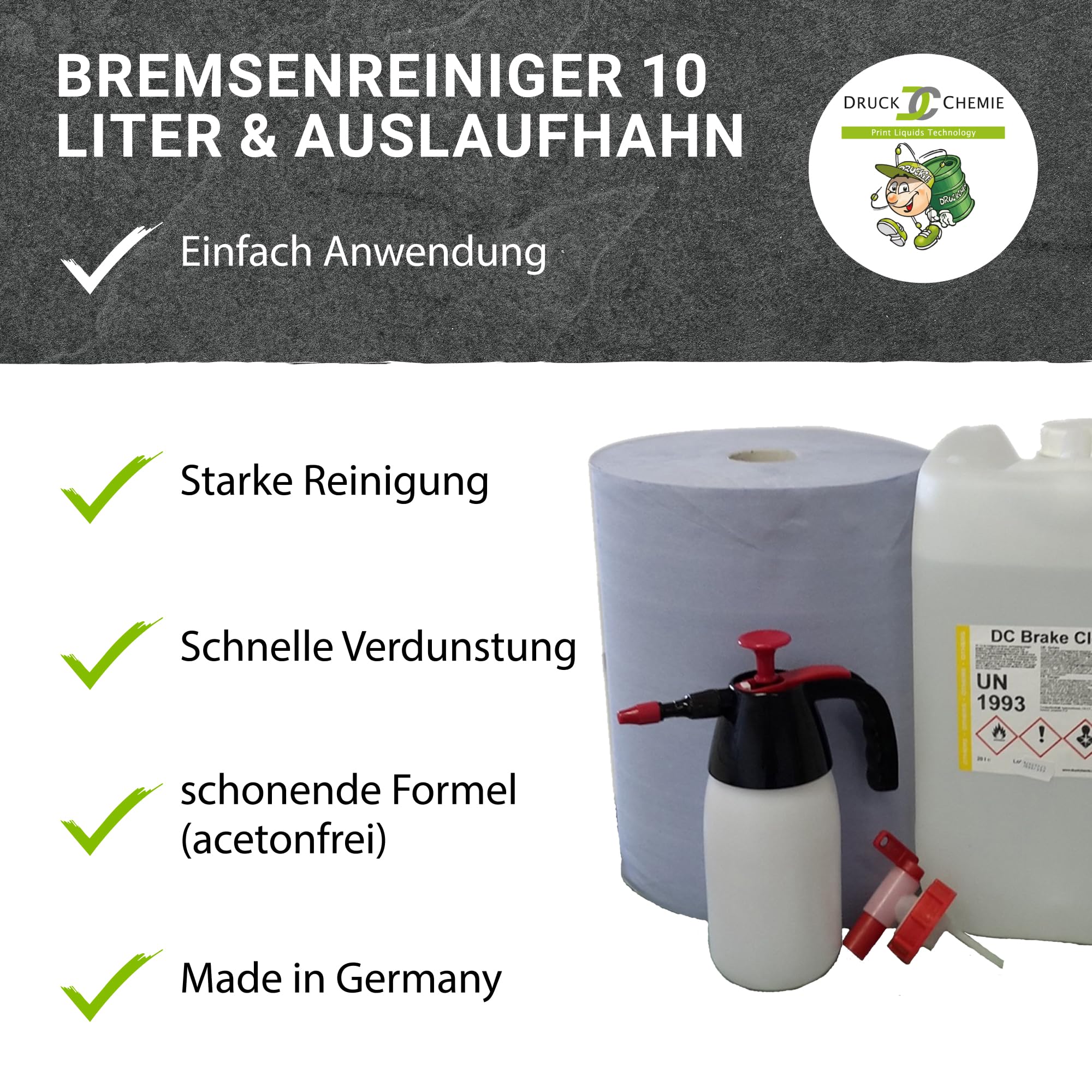 DC DruckChemie GmbH Bremsenreiniger Kanister 10L, acetonfrei + Auslaufhahn, Putzpapierrolle & Drucksprüher | Brake Cleaner - Teilereiniger zum Reinigen & Entfetten von Bremsen, Platten & Kupplungen
