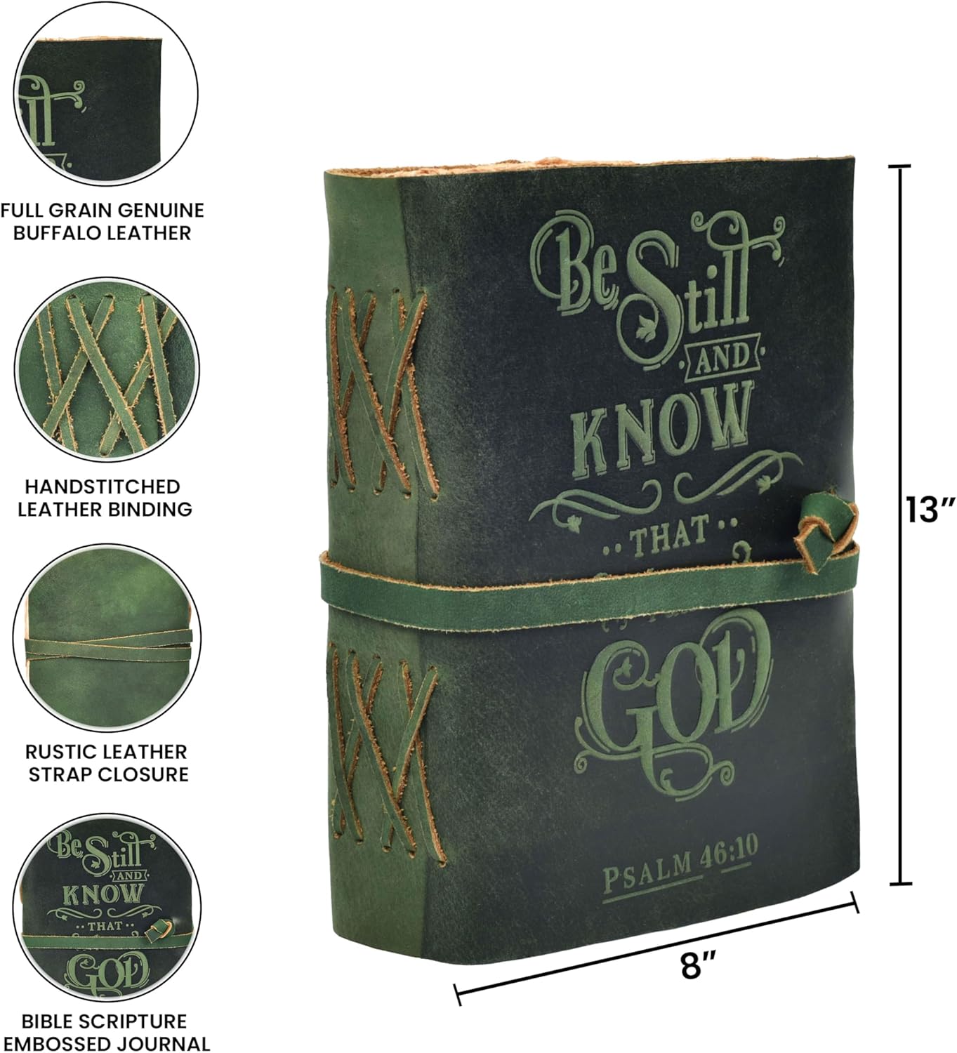 LEATHER VILLAGE Vintage Leather Journal with Psalm 46:10 Bible Verse–13''x8'' Embossed Prayer Study Journal for Women & Men – 200 Pages Handmade Cotton Deckle Edge Watercolor Paper - Green