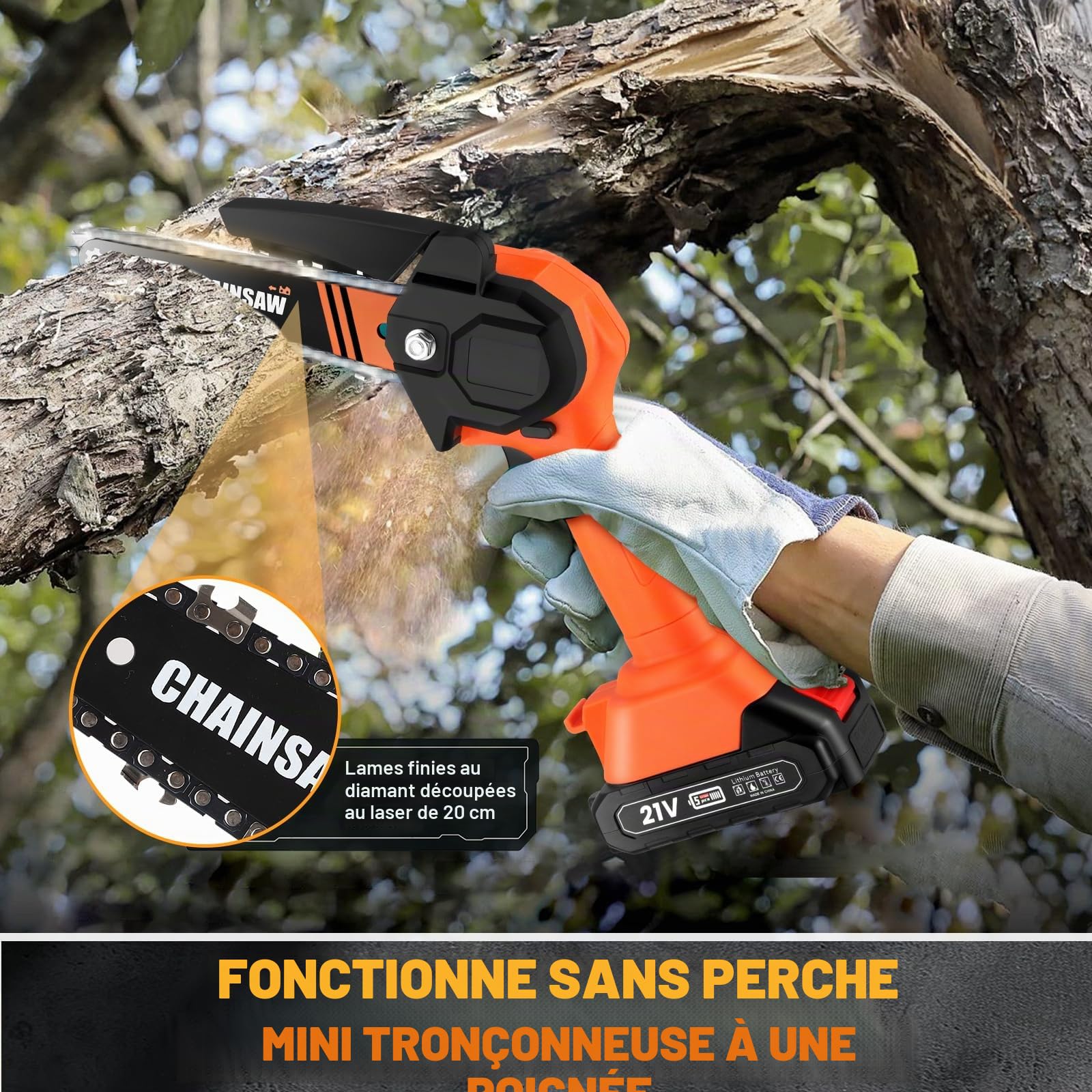 Elagueuse sur Perche Electrique, 2-en-1 Tronçonneuse avec Perche Télescopique (0,3 m-2,3 m), Mini Tronçonneuse 6 & 8 Pouces, Moteur Sans Balai, 2 2000 mAh Batteries, Tête Pivotante à 90° pour Jardin