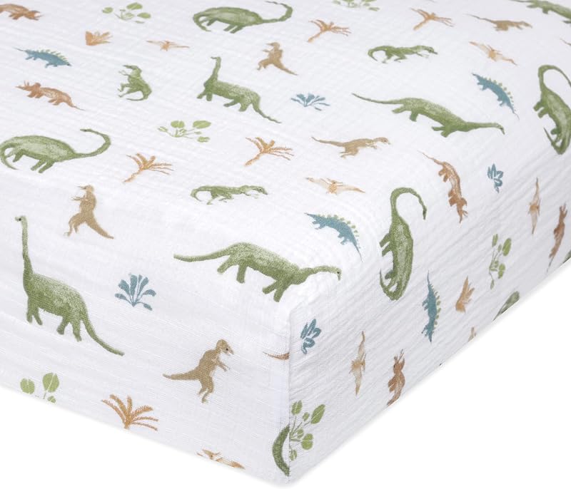 Sábana para cuna clásica Essentials de aden + anais, 100 % muselina de algodón, súper suave y transpirable, ajuste cómodo a medida, Dino Jungle