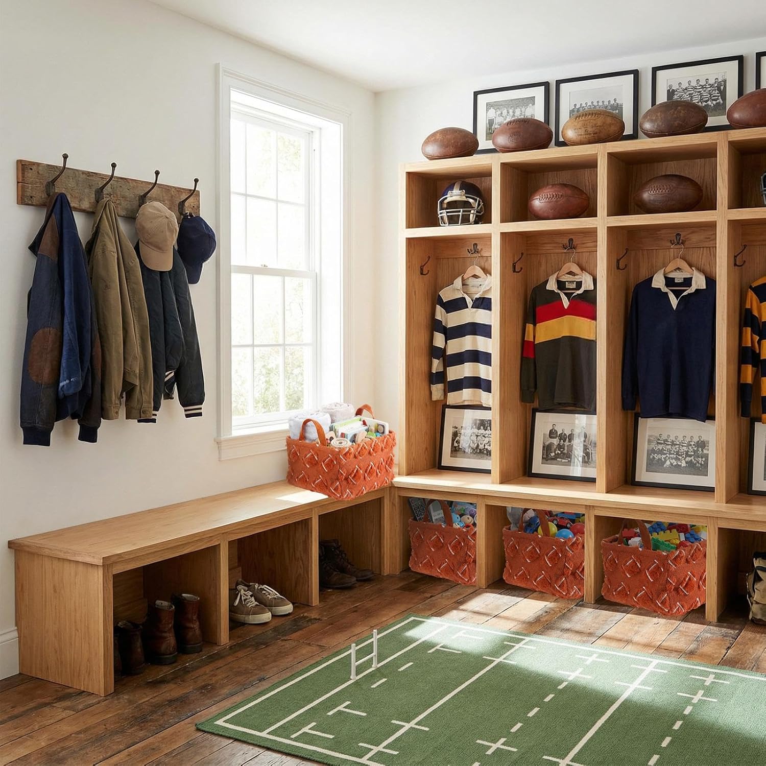 2 Pcs Brown Football Storage Baskets 14x10 Inch Football Basket Sport Theme Room Decor Laundry Foldable Fluffy Storage Bin with Handle Closet Organizer for Countertop Tabletop Car