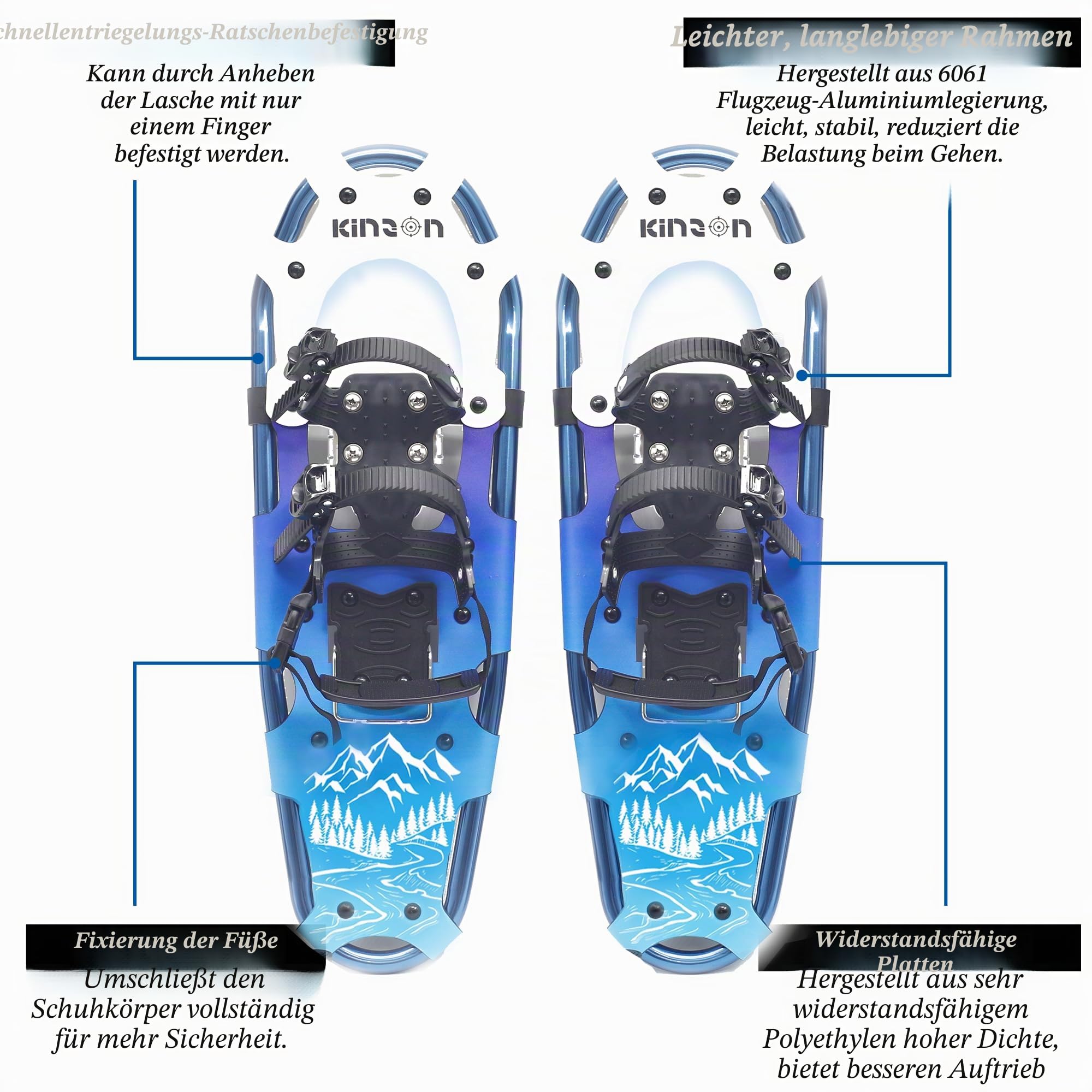 KinZon 3-in-1-Schneeschuhe, leicht und robust, mit Trekkingstöcken und Tragetasche, Fersenerhöhung, perfekt zum Wandern