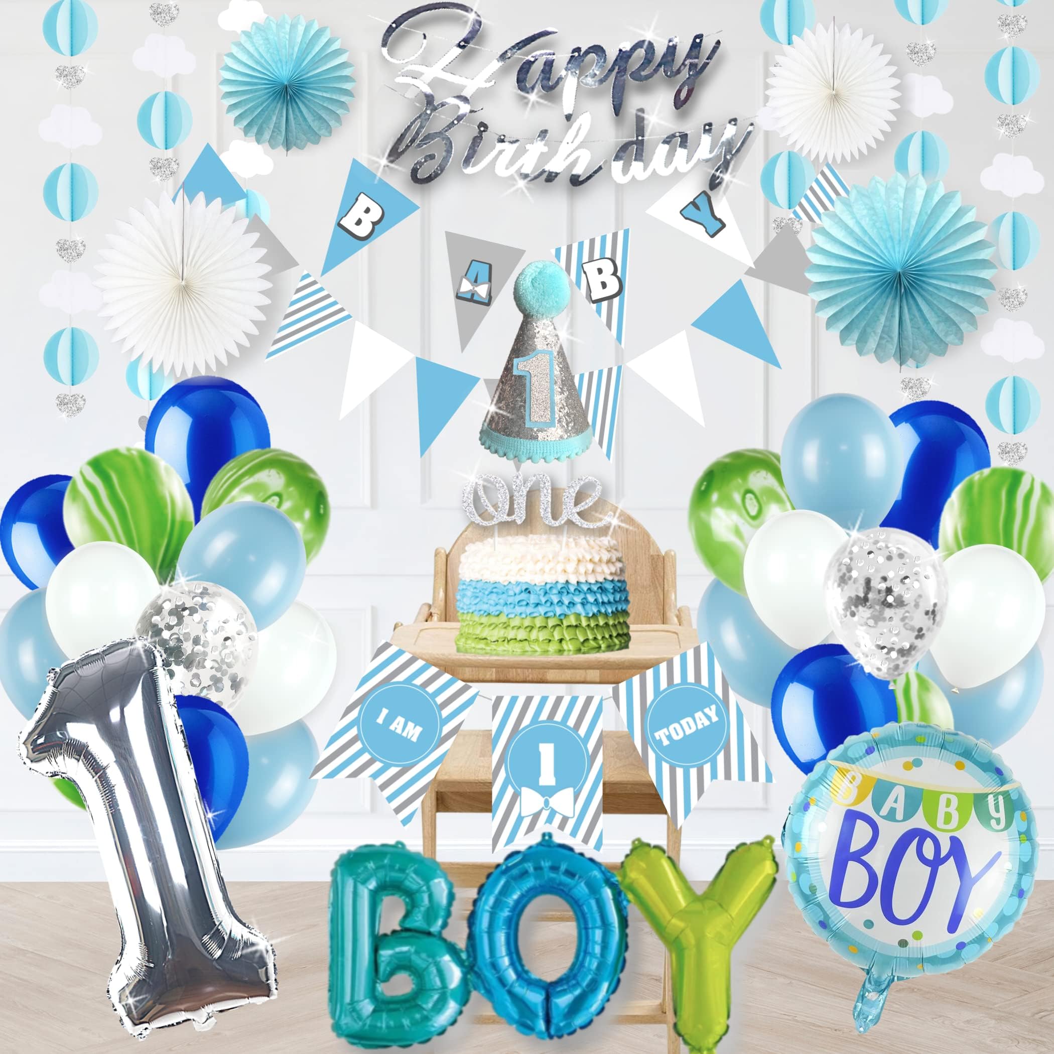 First Birthday Decorations Boy I 1st Birthday Boy Decorations | Blue, White, Silver, Grey First Birthday Boy Decorations Set | First Birthday Decorations Complete Kit | Boy 1st Birthday Decorations
