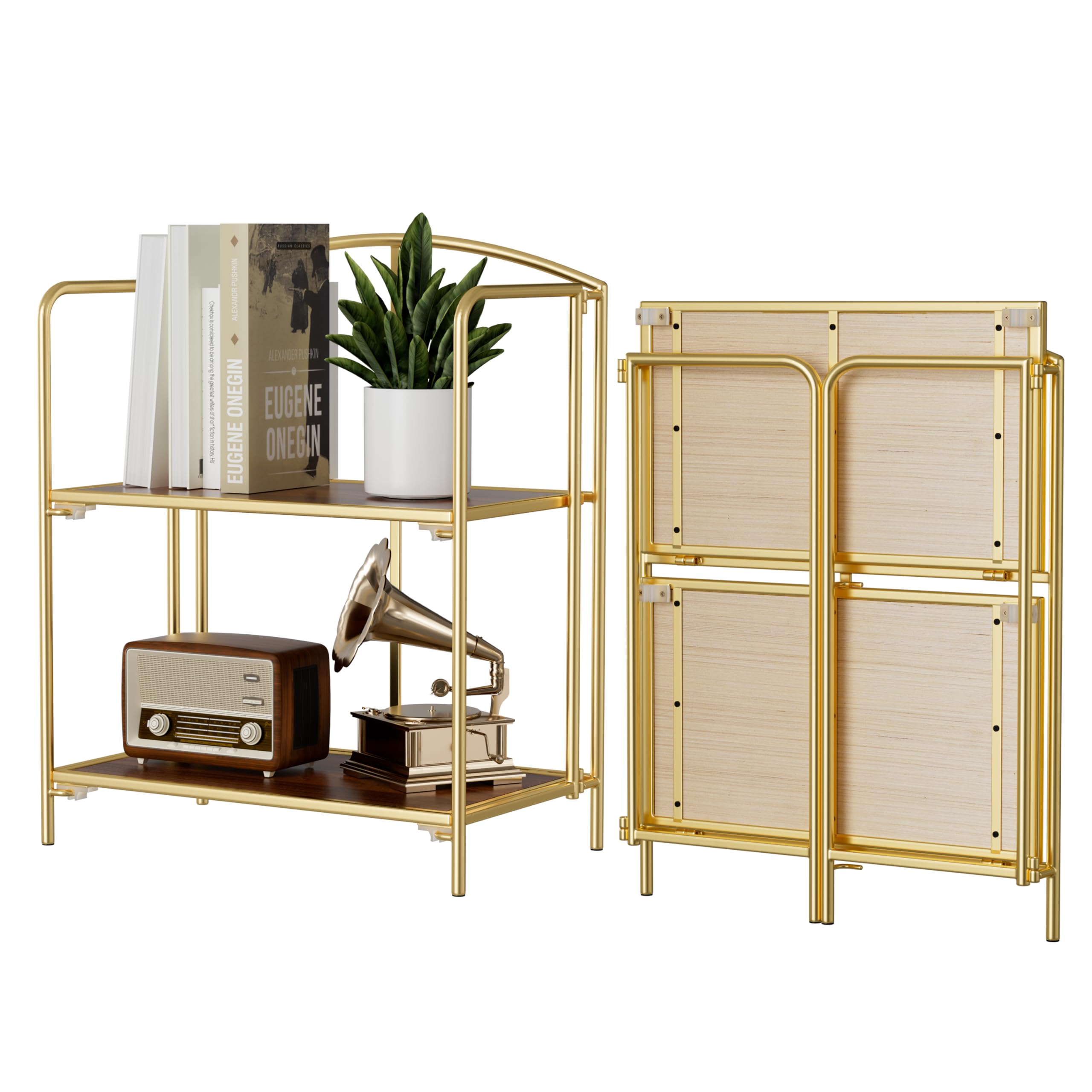 Amazon.com: Crofy 2-Tier Foldable Bookshelf, Gold Frame & Walnut