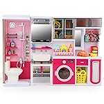 Doll Mini Bathroom Laundry Playset for Kids, House Furniture Pretend Play Toy Accessories Set with Realistic Lights & Sounds for Toddlers, Girls (4-in-1 Bathroom Set)