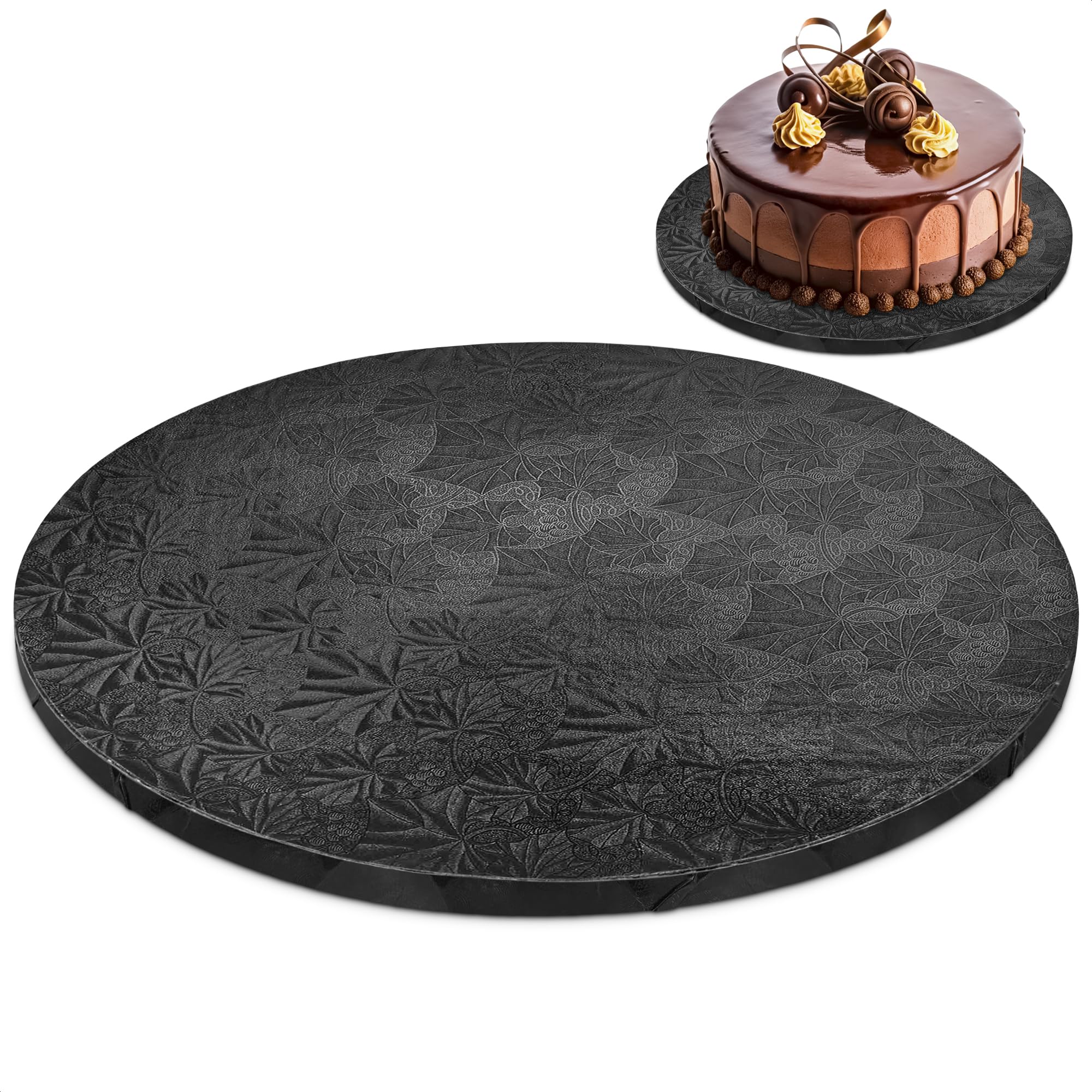 12 Inch Cake Drum - Black Round 12 Inch Cake Boards for Holiday Dessert Presentation, Grease and Moisture Resistant, Thick Durable Material with Fancy Pattern, Great for Christmas Parties & Birthdays