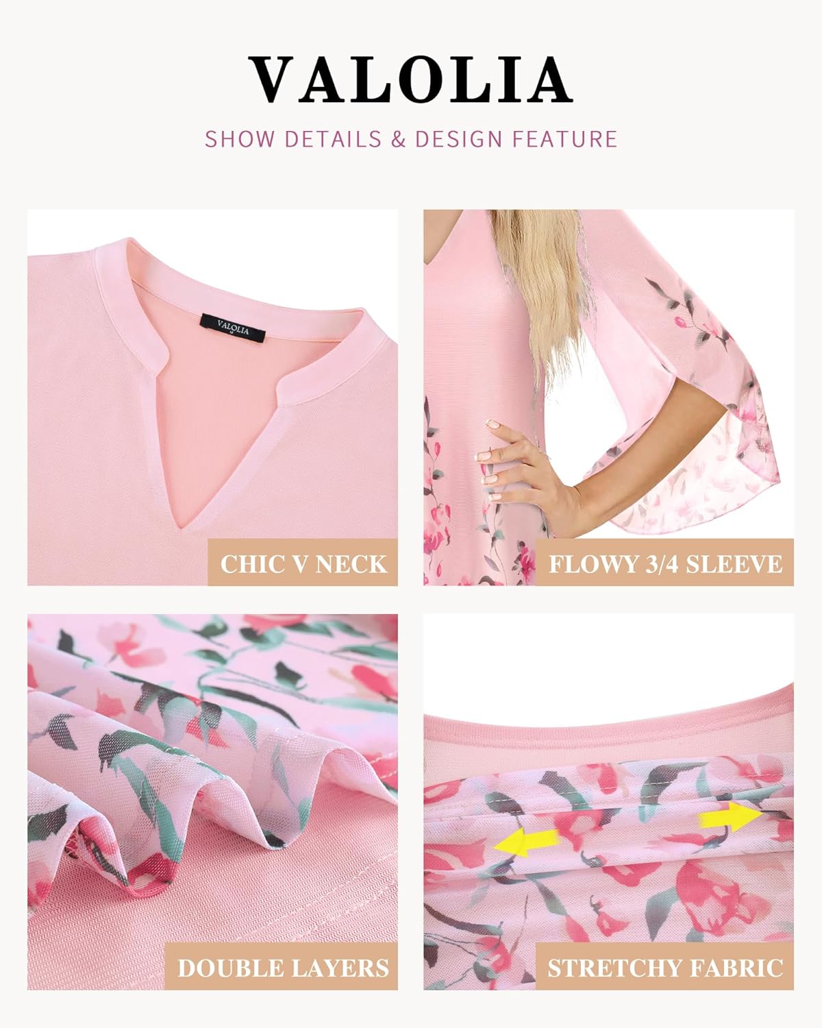 VALOLIA Women's 3/4 Sleeve Floral Tunic Tops V Neck Double Layers Loose Fit Mesh Blouses Shirt - Image 6