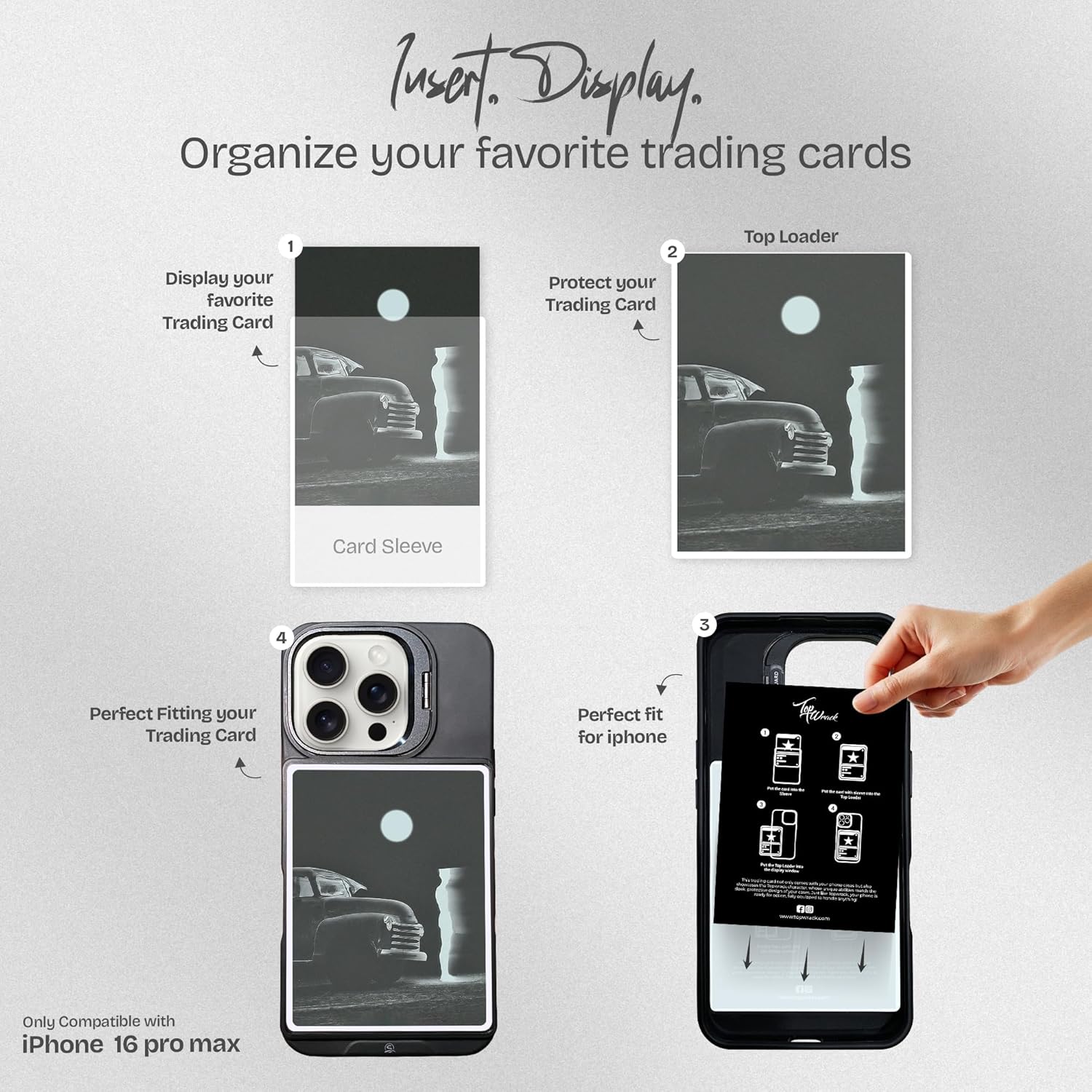 Display Phone Case for iPhone 16 Pro Max – Clear Back Card Holder Case with Built-in Kickstand, Includes 5 Protective Card Sleeves, Slim Drop Protection (Black)