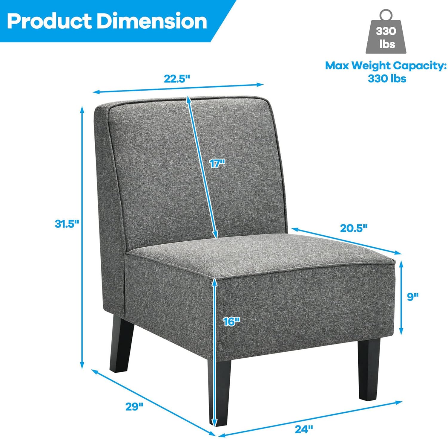DORTALA Set of 2 Upholstered Accent Chair, Linen Fabric Single Sofa Armless Chair w/Solid Rubber Wood Legs & Thick Sponge Cushion, Slipper Leisure Chair for Living Room, Bedroom, Study, Office, Grey