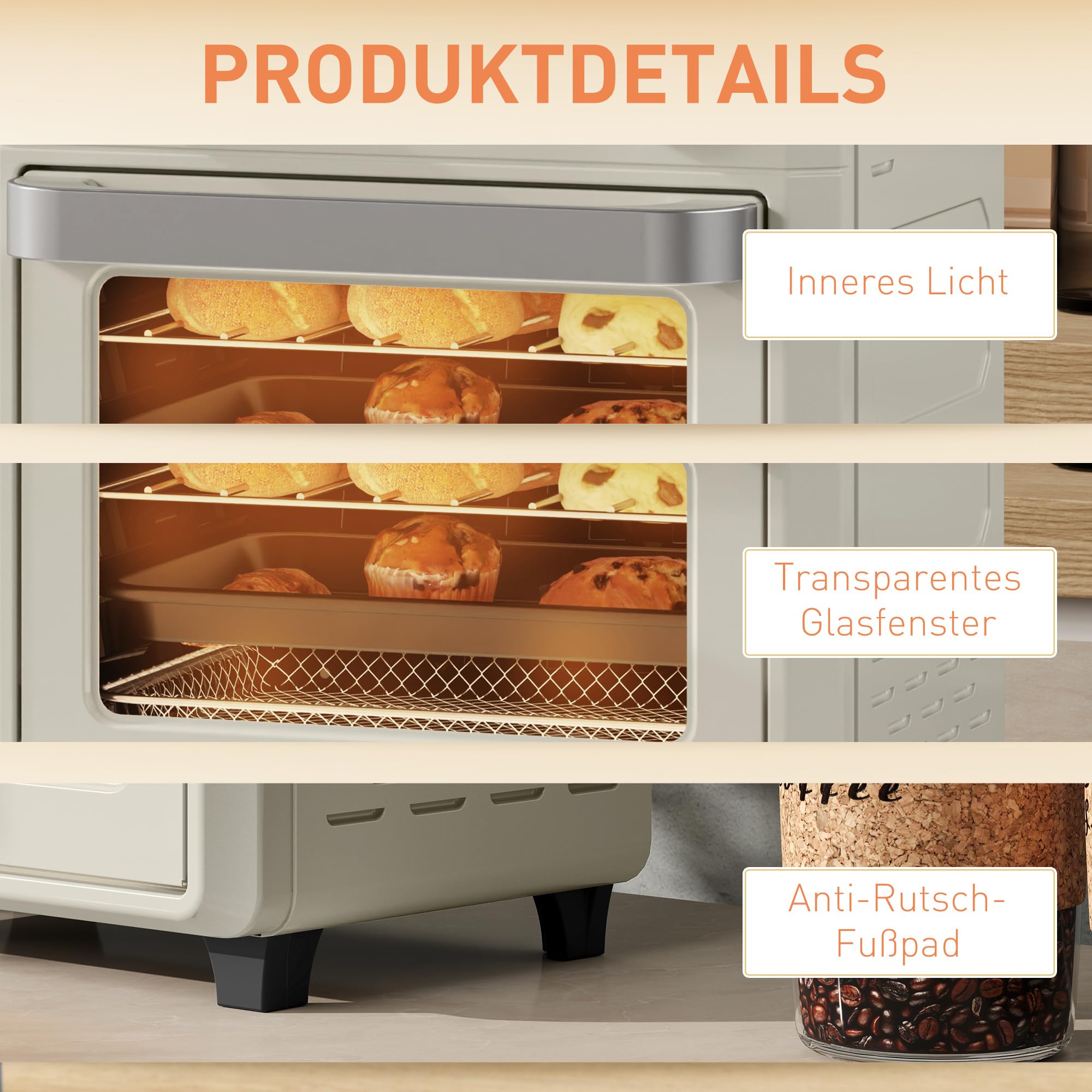 HOMCOM Minihorno con convección 10L 2 en 1 Minihorno con rejilla para horno, bandeja de horno y bandeja recogemigas, 80 °C-230 °C freidora de aire caliente con temporizador, luz interior, 1000W, acero