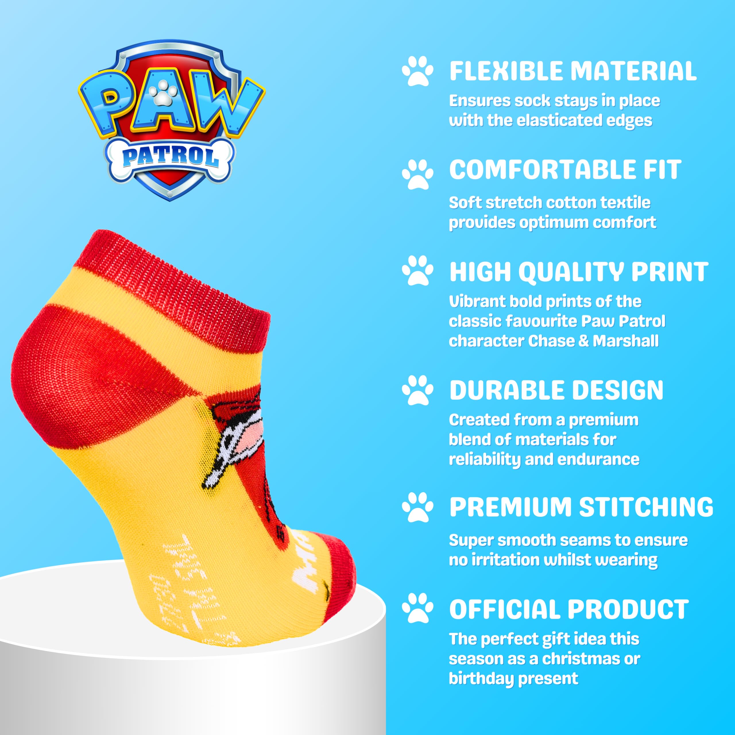 Paw Patrol Lot de 6 paires de chaussettes courtes invisibles en coton, cadeau pour enfants, tailles EU 23 à 34