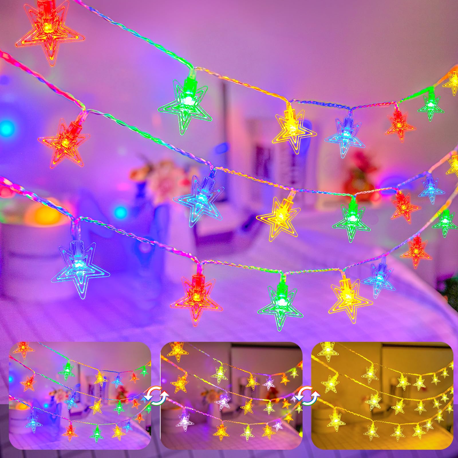 Star Fairy Lights,7.5M50 LED Warm White+ Multicolor Battery String Light
