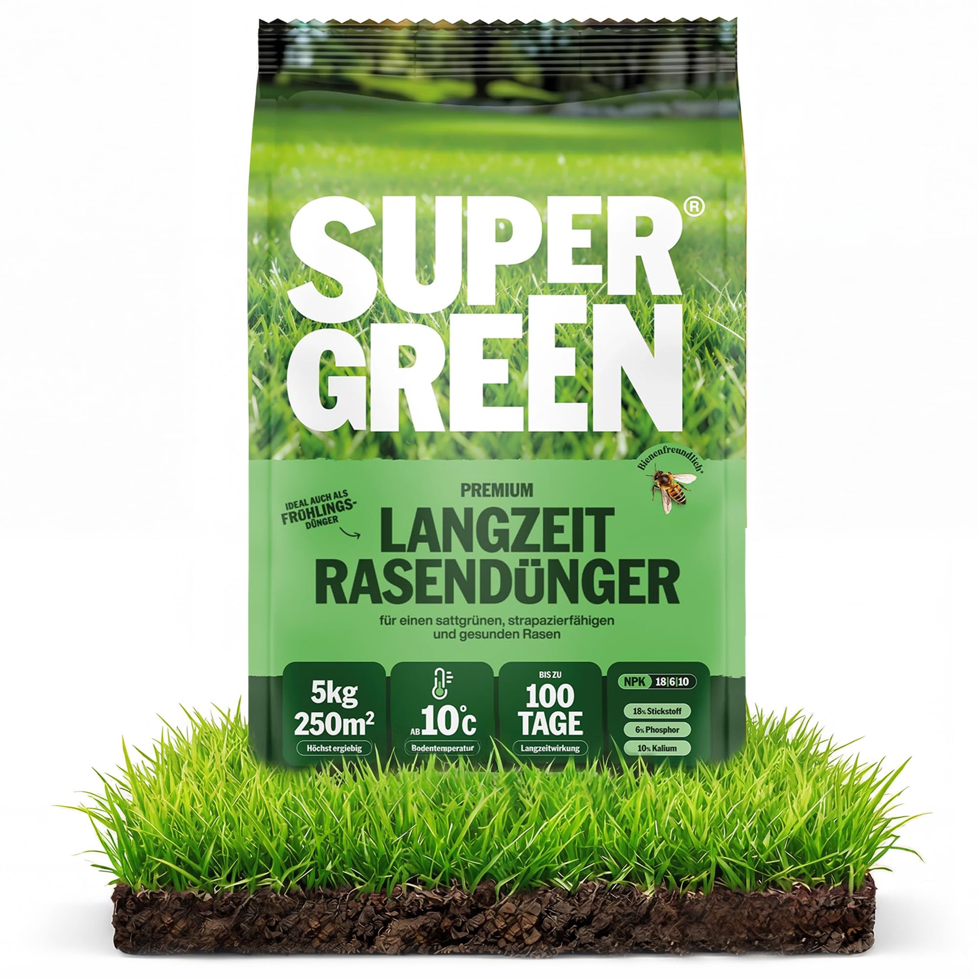 Supergreen Frühjahrs-Rasendünger | 100 Tage Langzeit-Wirkung, ideal für Frühjahr bis Sommer, feines Granulat, 5 kg / 10 kg / 20 kg