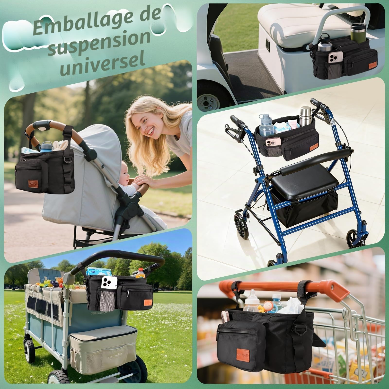 Guiseapue Organiseur universel pour poussette avec porte-gobelet : accessoires pour poussette avec sac amovible pour téléphone Uppababy, sangles antidérapantes, accessoires de déambulateur, cadeaux de