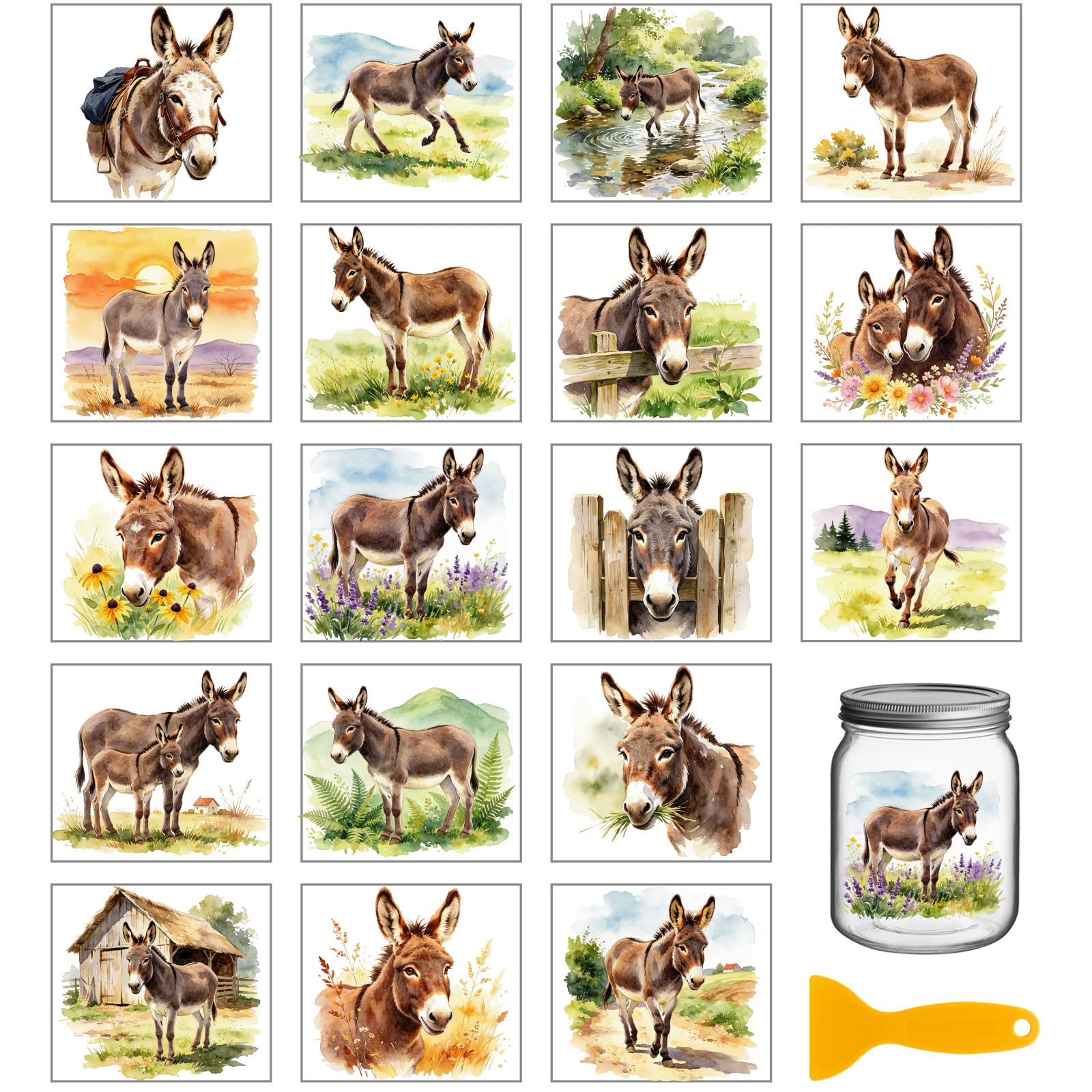 GLOBLELAND 18 Sheets Watercolor Donkey Transfer Sticker for Cup Crafts 3.9x3.6 inch Farm Animals Decal Stickers Funny Donkey Rub on Transfers for Bottle Vase Glass Furniture Decor