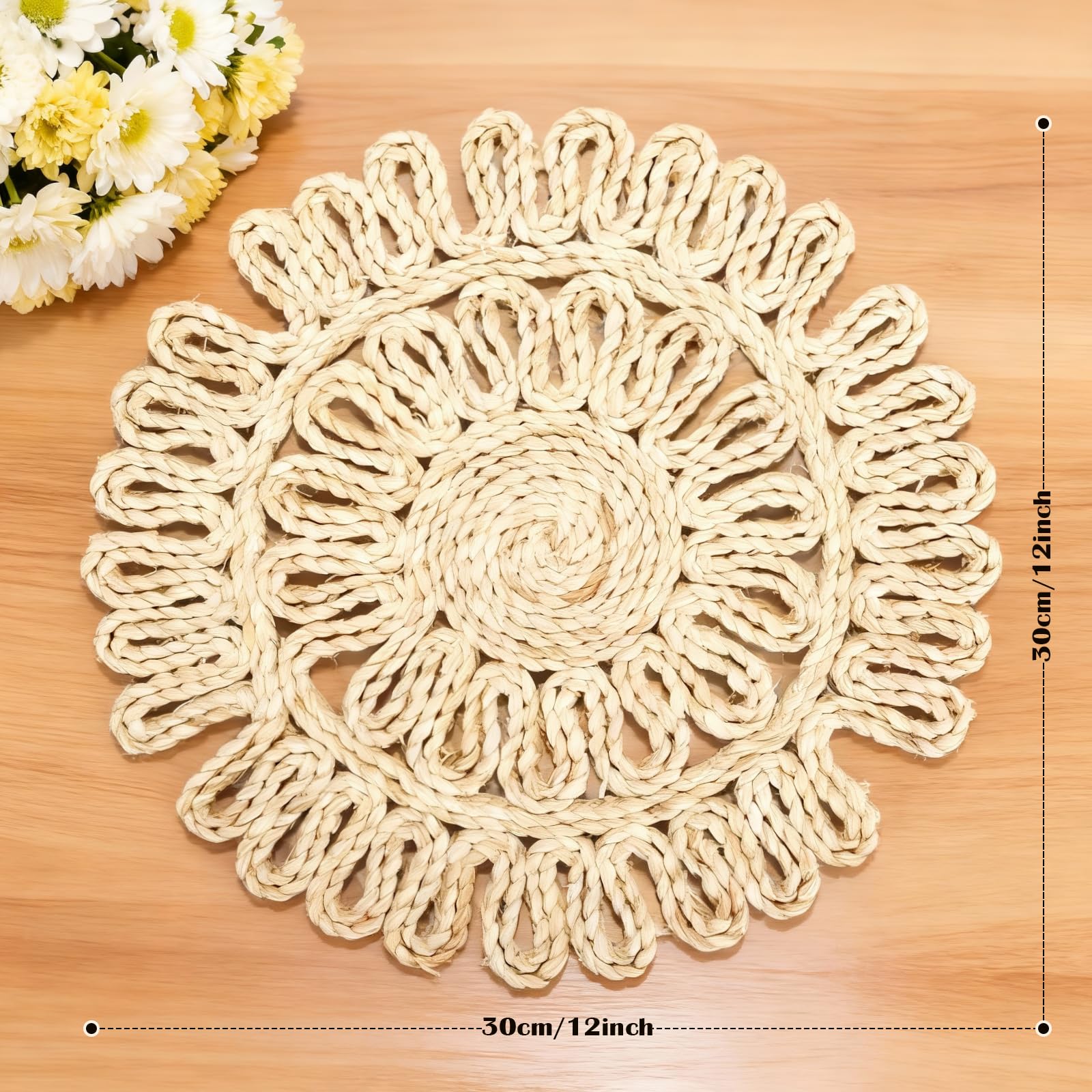 Lot de 6 Sets de Table Ronds Tressés Tournesol 30 cm, Décoration de Table Style Naturel et Bohème, Résistants à la Chaleur, pour Cuisine et Salle à Manger, Beige