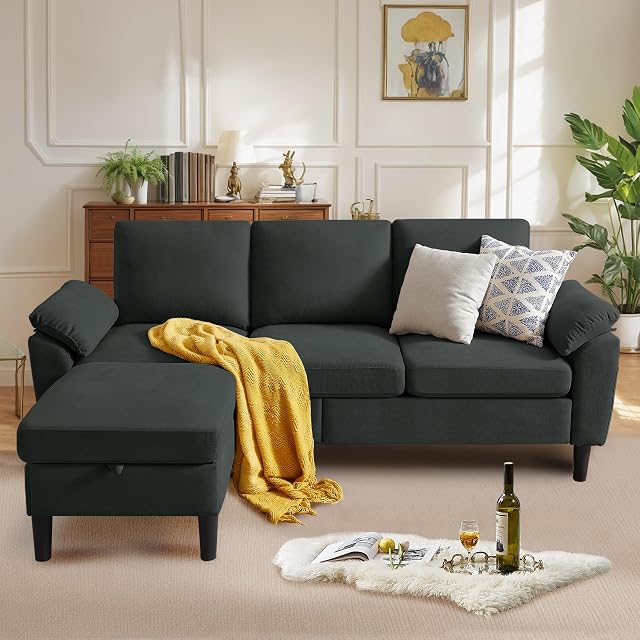 Convertible Sectional Sofa Modern L Shaped 3-seat Sofa 79 Linen Fabric Small Sectional Couch with Movable Ottoman Couch