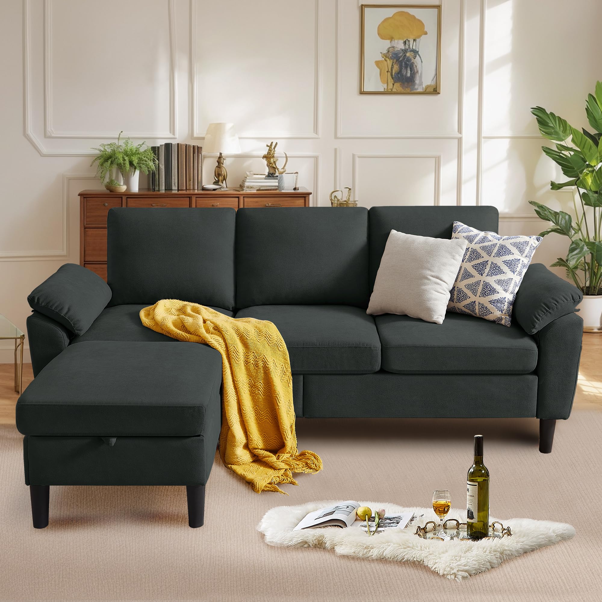 Convertible Sectional Sofa Modern L Shaped 3-seat Sofa 79 Linen Fabric Small Sectional Couch with Movable Ottoman Couch