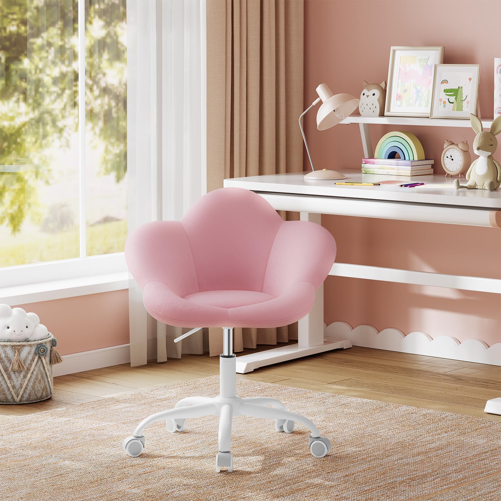 WOLTU Chaise Bureau Enfant, Chaise Pivotante en Velours, Ergonomique, Réglable en Hauteur, Siège Rembourré, en Forme de Pétale, pour Bureau, Chambre d'enfant, Rose Clair