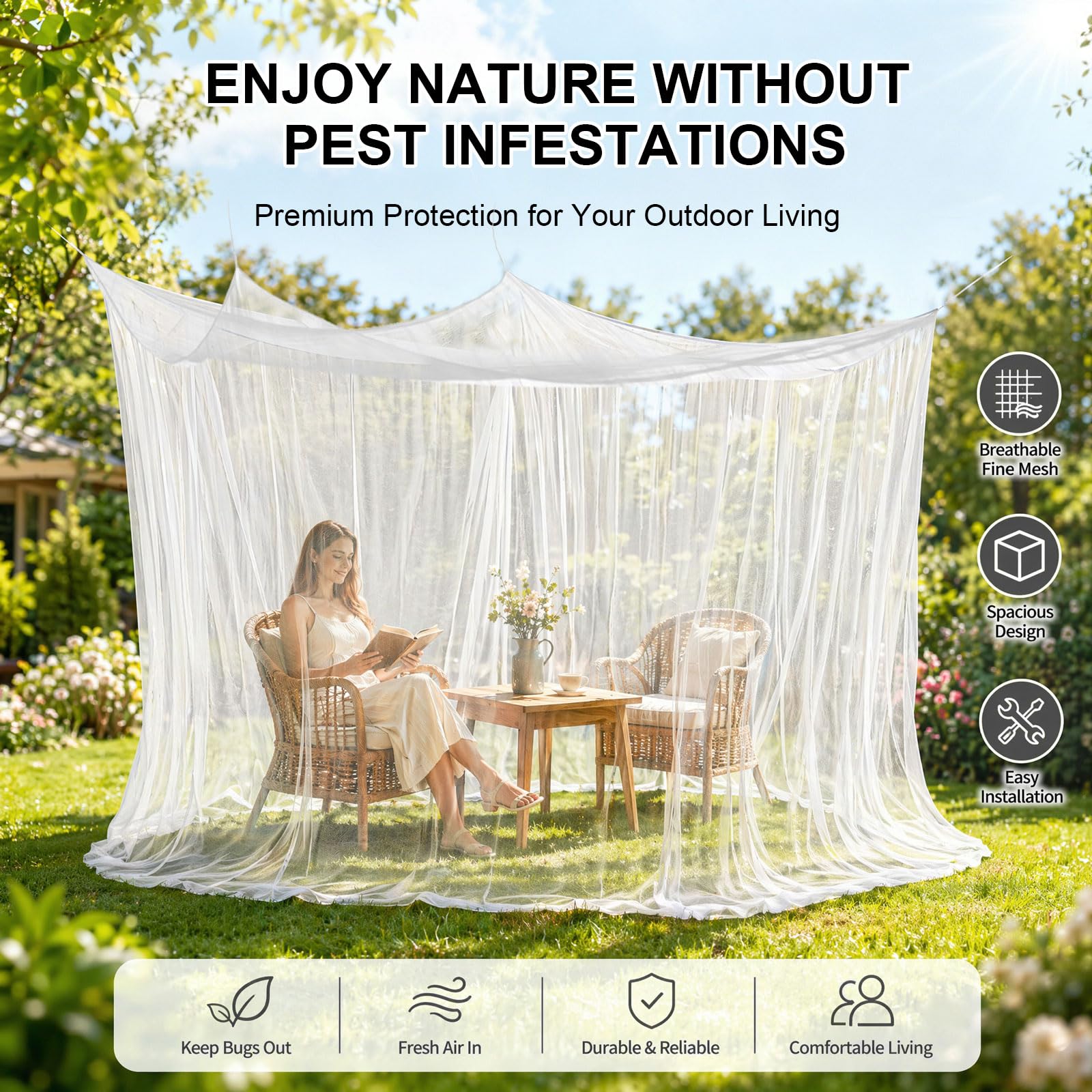 Moustiquaire d'extérieur - 300 x 300 x 250 cm - Protection contre les insectes - Pour tonnelle et camping - Blanc