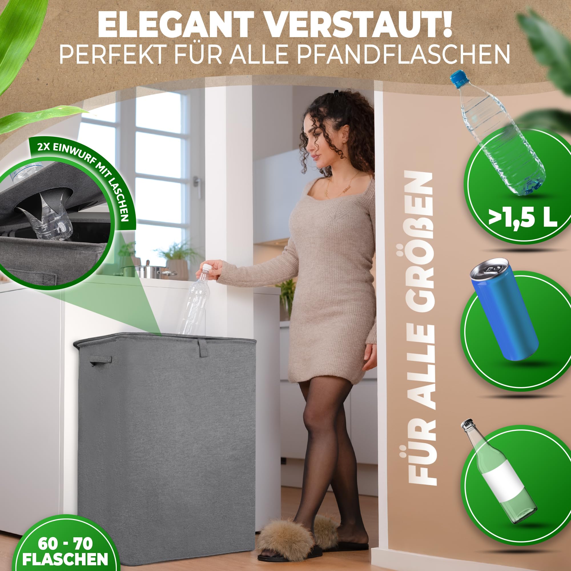 COTTARA® Botellas de depósito con 2 compartimentos, recipiente para depósito con ranura y 2 bolsas de transporte, ideal para botellas de depósito, para cocina, color gris