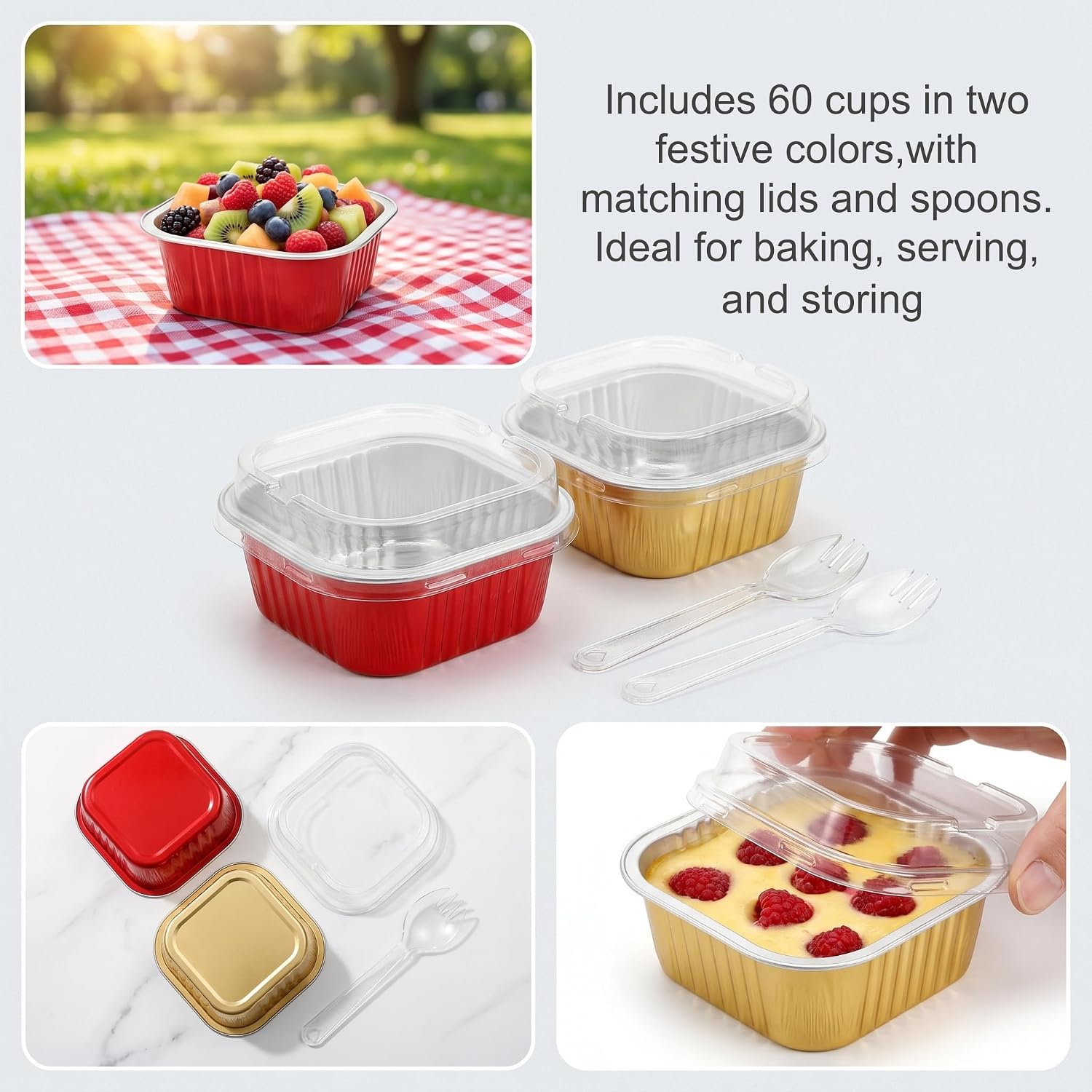 ZEAYEA 60 Pack 10 oz Mini Cake Pans with Lids and Spoons, Aluminum Foil Square Baking Cups, Disposable Muffin Ramekins Dessert Cupcake Cups for Wedding Christmas Birthday Party