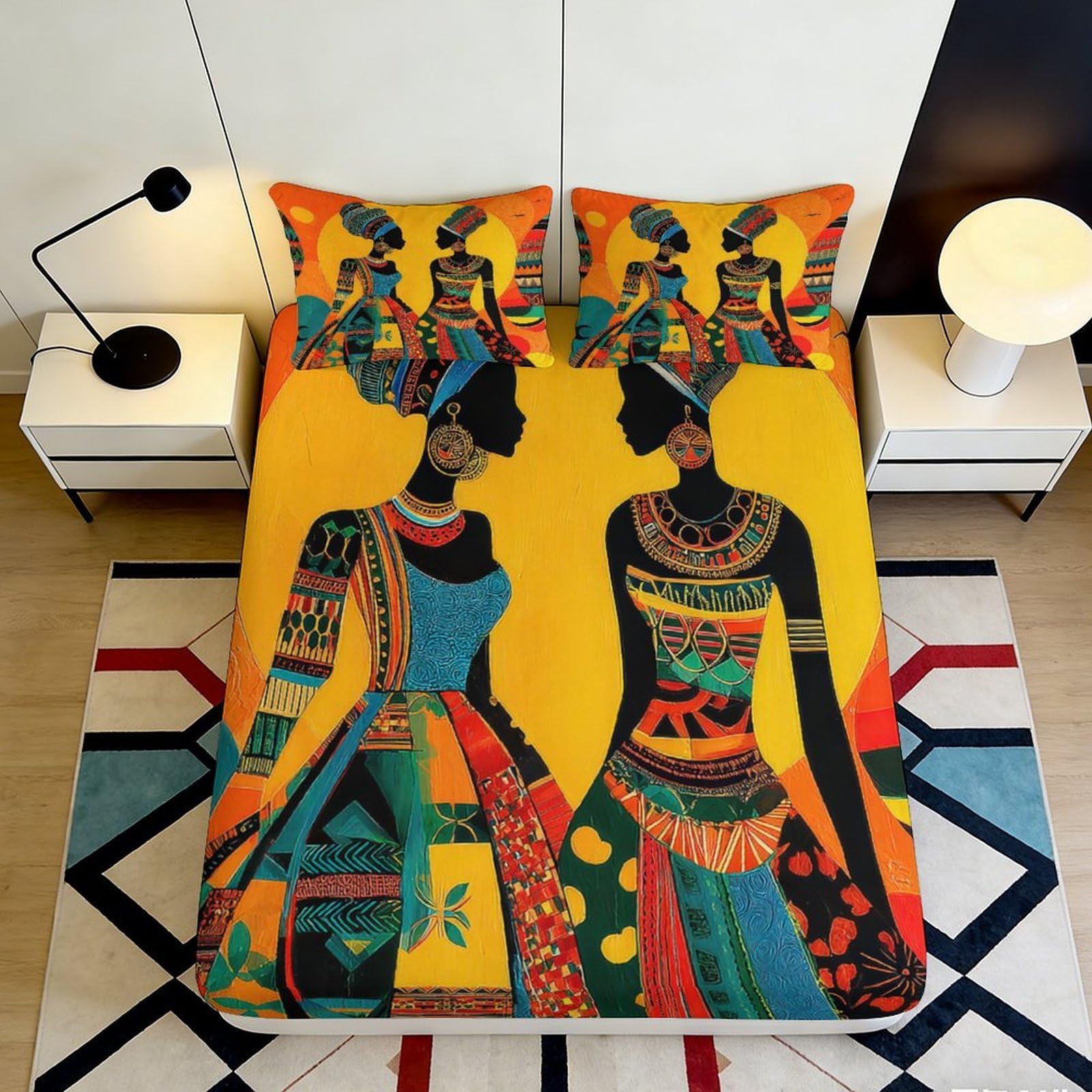 3D Printed African Art Fitted Sheet Microfiber Yellow Tribal Women Bed Cover for Bedroom Guestroom Decor 90x200x25cm